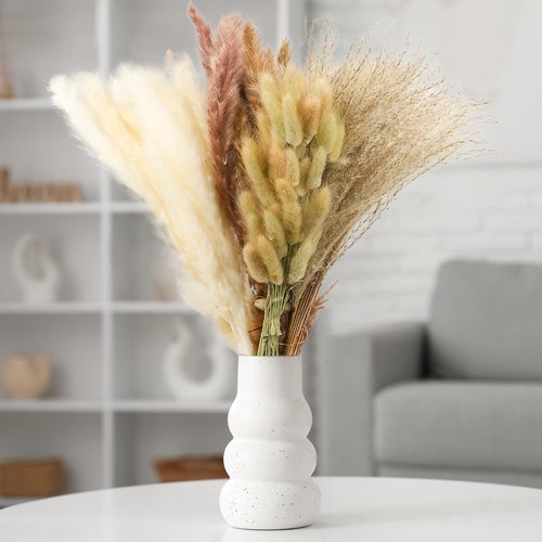 Le courant 17" 100Pcs Dried Pampas Grass Decor, Naturally Small Boho Pampas Grass with Bunny Tails & Reed Grass for Home Table Decor, Wedding, Rustic Farmhouse Party Decorations, White and Brown