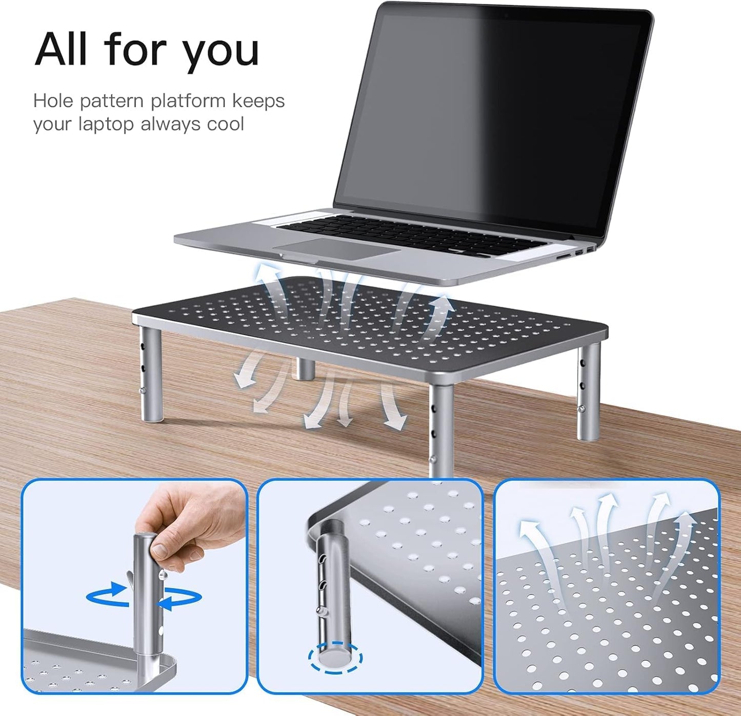 3 HUANUO Monitor Riser - Height Adjustable Stand for Laptop, Computer, iMac, PC, Printer, Desktop Ergonomic Metal
