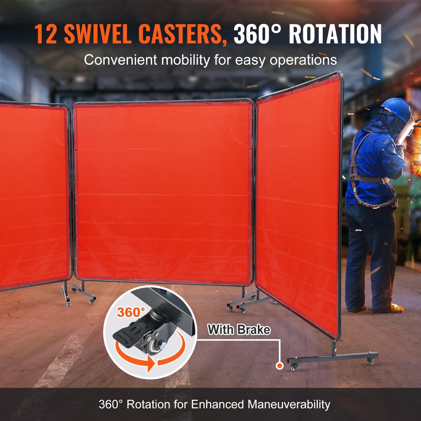 VEVOR Welding Screen with Frame, 6' x 6' 3 Panel Welding Curtain Screens on 12 Swivel Wheels (6 Lockable), Welding Protection Screen Moveable & Professional for Workshop, Red