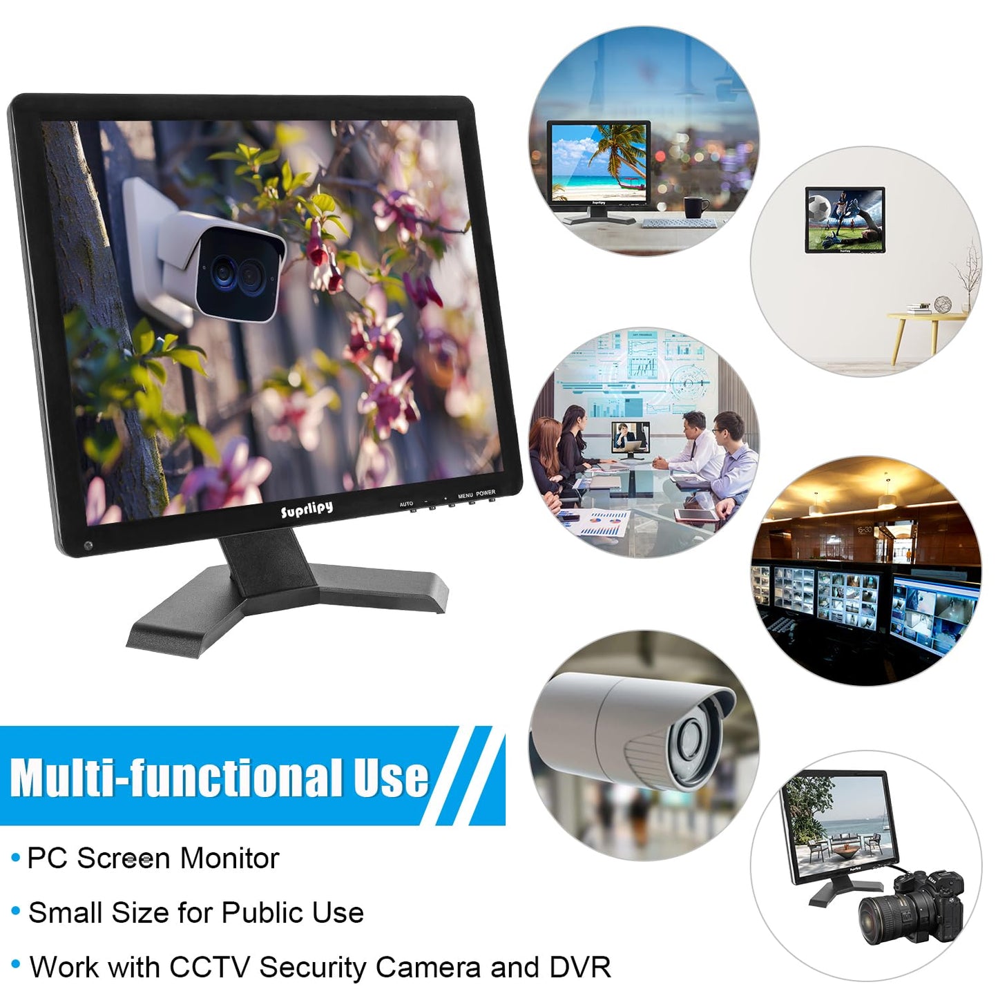 Suprlipy 17 Inch TFT LCD Security CCTV Monitor 1280x1024 4:3 Resolution Color Display Screen with HDMI/VGA/AV/BNC/MIC USB Earphone Input Built-in Dual Speakers for Home Security Monitor Gaming