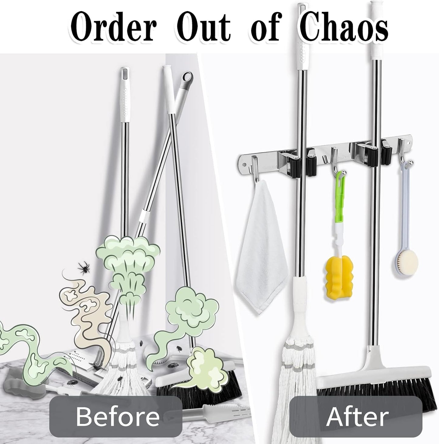 Skiennix Wall-Mounted Broom and Mop Holder - Heavy-Duty Stainless Steel Organizer with 2 Racks & 3 Hooks