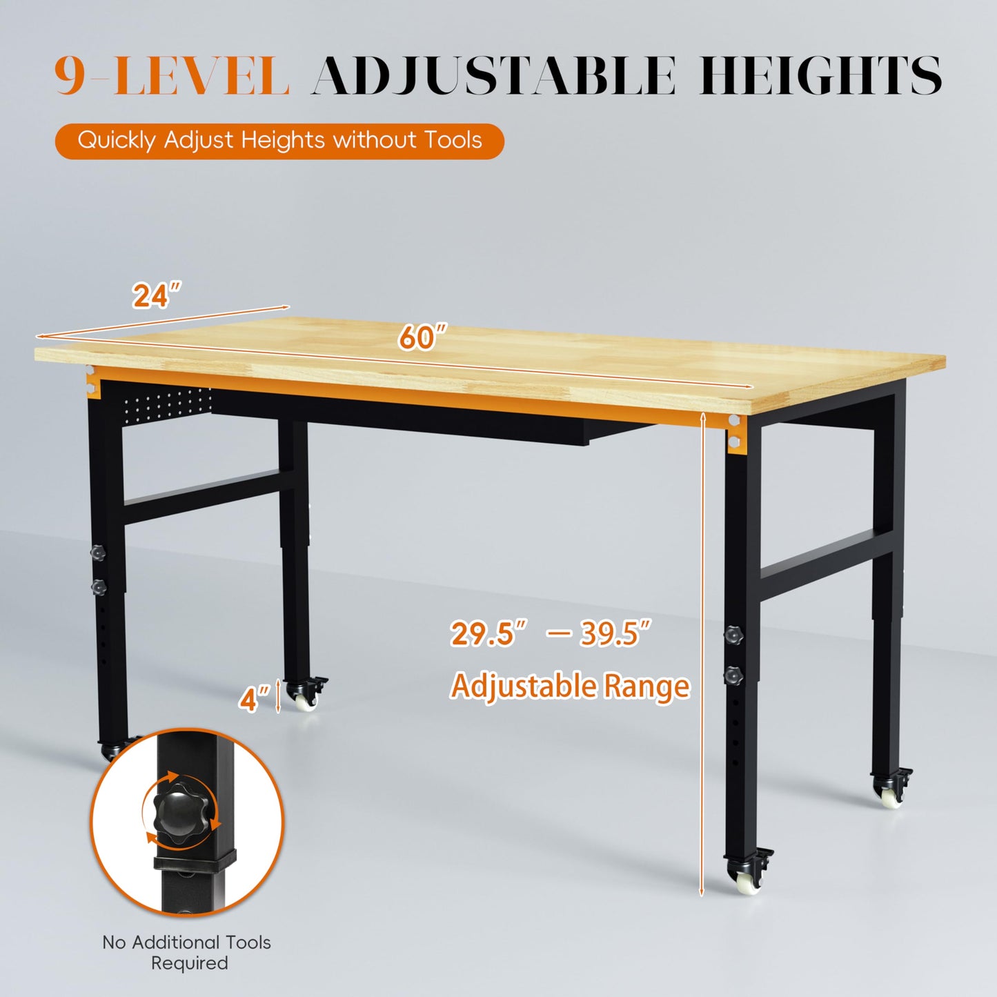Betterhood 60" Adjustable Workbench on Wheels, 2000 LBS Heavy Duty Work Table with Power Outlets & Pegboard, Rubber Wood Workstation for Garage, Workshop, Office, Home, Commercial