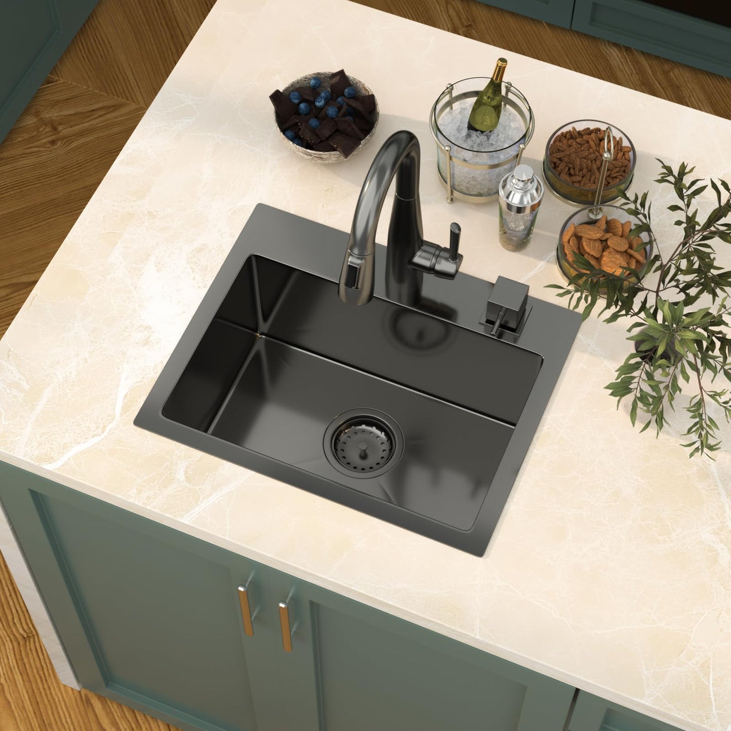 Mocoloo 20 Inch Gunmetal Black Drop in Bar Sink - 20" x 16" Small Kitchen Sink T304 Stainless Steel Handmade Single Bowl Round Corner Topmount Wet Bar Sink for Kitchen Prep & RV