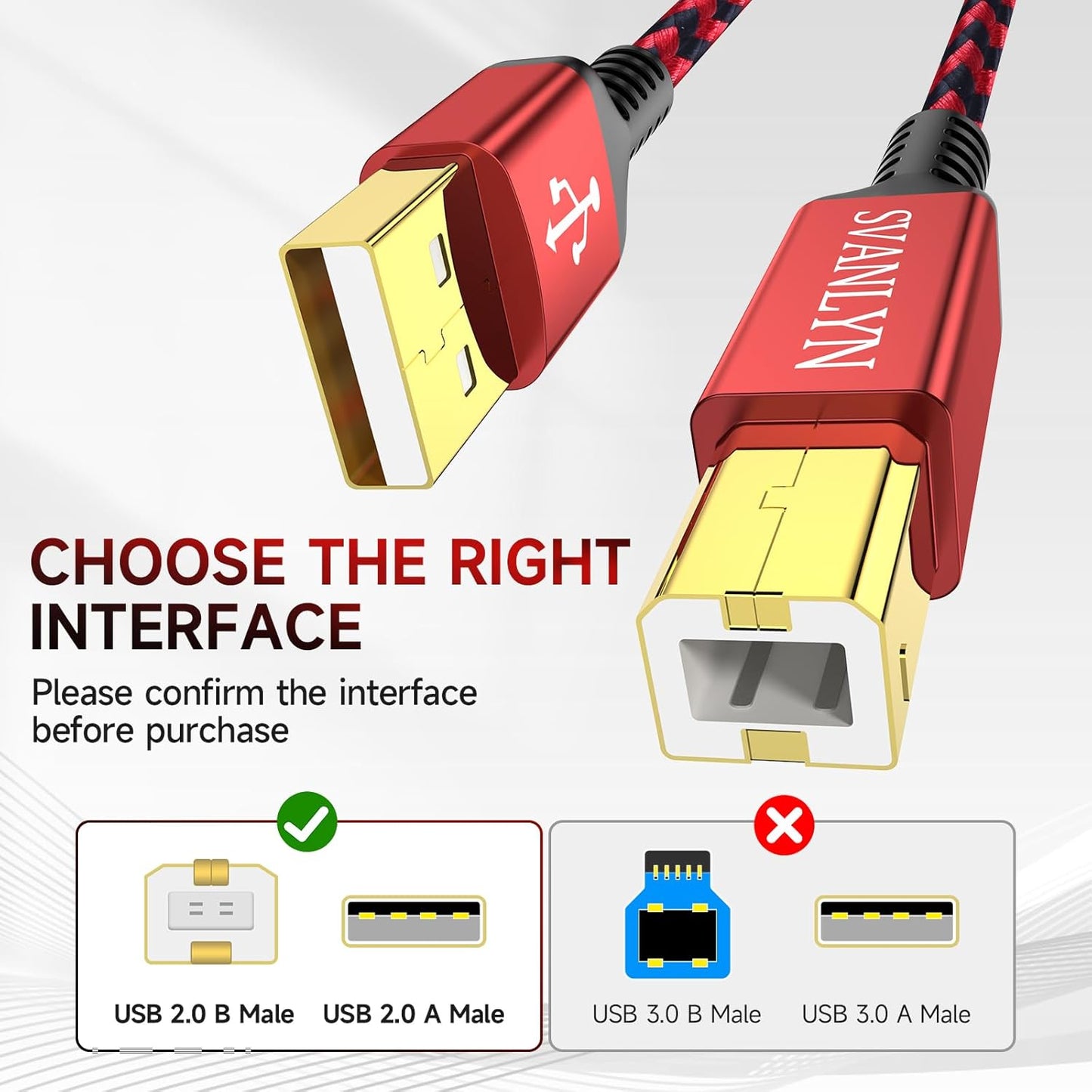 SVANLYN 6 2.0 Printer Cable FT, USB A to B Printer Cable High-Speed Nylon Braided USB MIDI Cord Compatible