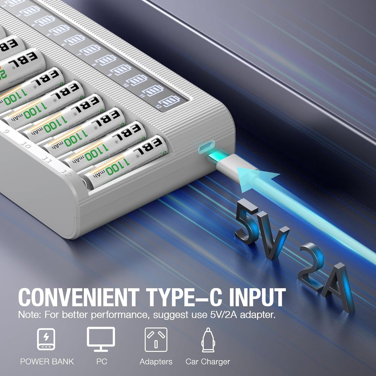 EBL 12-Bay AA AAA Battery Charger Independent LCD Charger for Ni-MH Ni-CD Rechargeable Batteries with Discharge