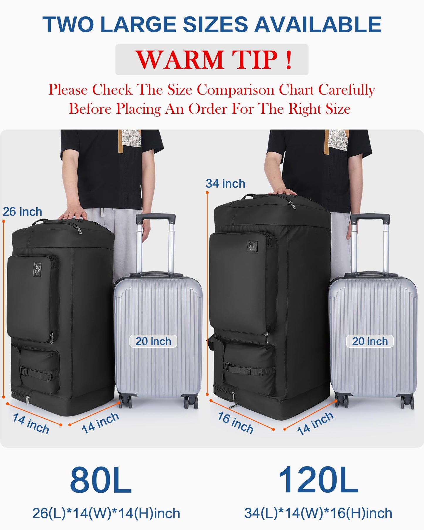 120L Travel Duffle Bag for Men and Women, Urtala 34” Large Duffle Bag for Traveling with Shoes Compartment, Foldable Travel Duffel Bags, Waterproof and Tear Resistant
