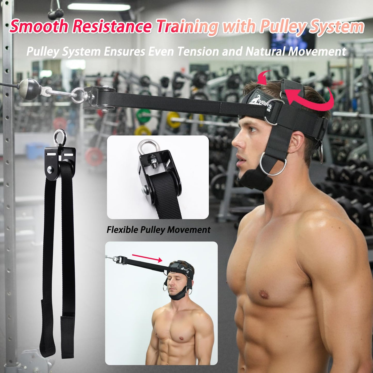 Adjustable Neck Harness with Pulley System & Resistance Bands – Multi-Directional Neck Weight Lifting Training for Strength, Stability & Posture – Padded Head Strap for Athletes & Fitness