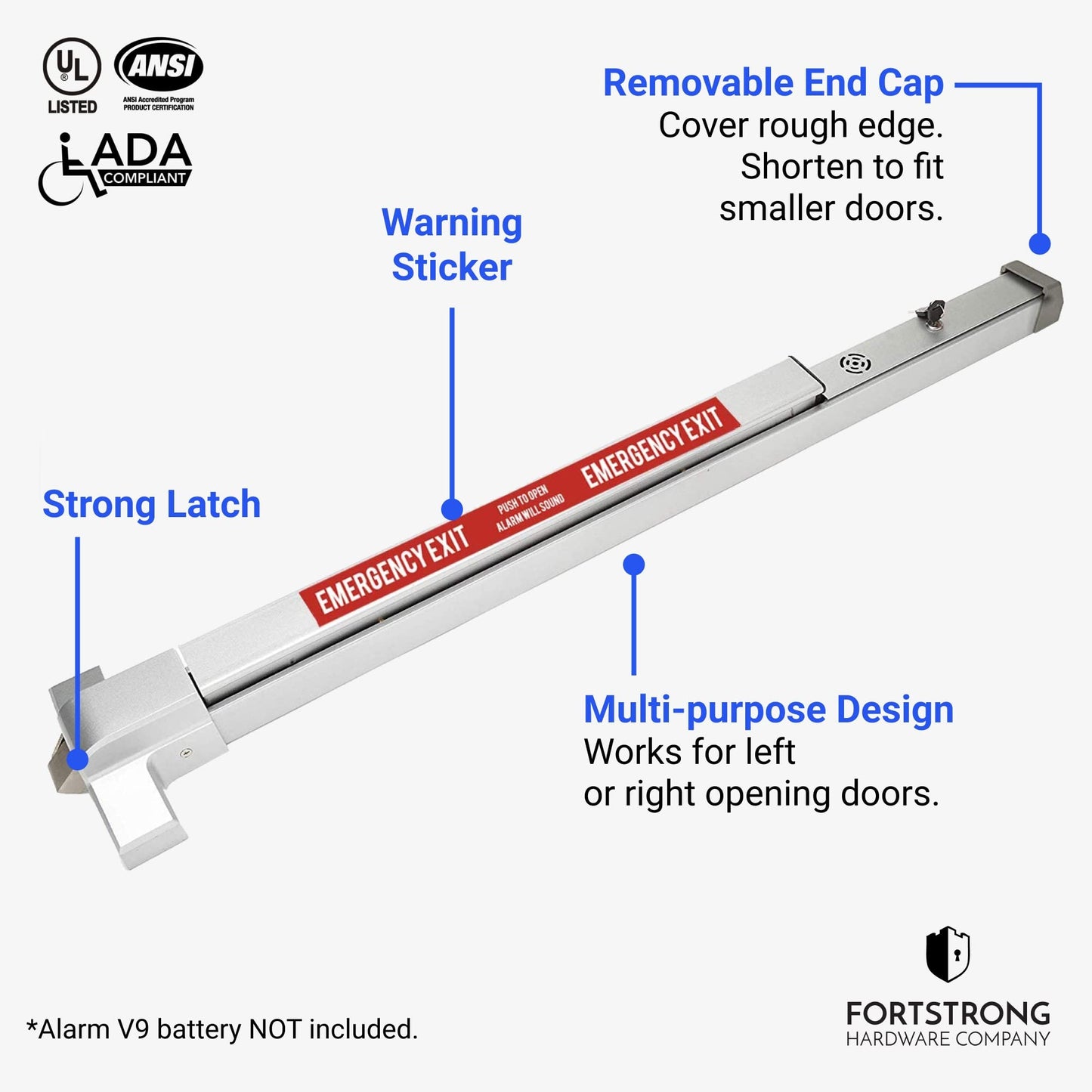 FORTSTRONG Commercial Door Push Bar Panic Exit Device with Alarm - Panic Bars for exit Doors - Loud Warning Strike Bar with Warning Stickers - FS-850A Instructions Included