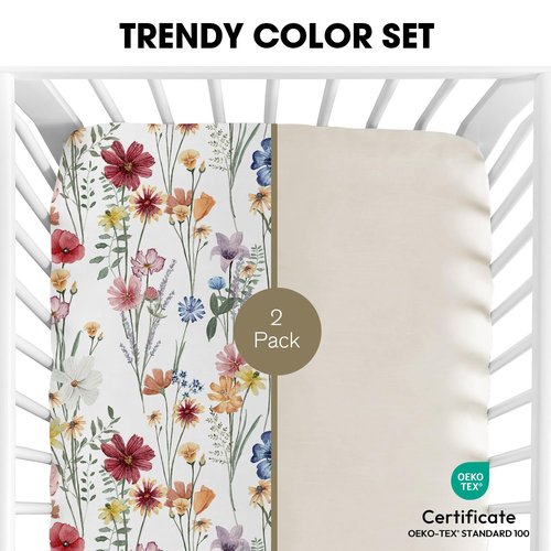 Little Grape Land Crib Sheets - Super Soft 2-Pack Fitted Sheets for Standard Cribs & Toddler Mattresses | Spring Flower & Beige