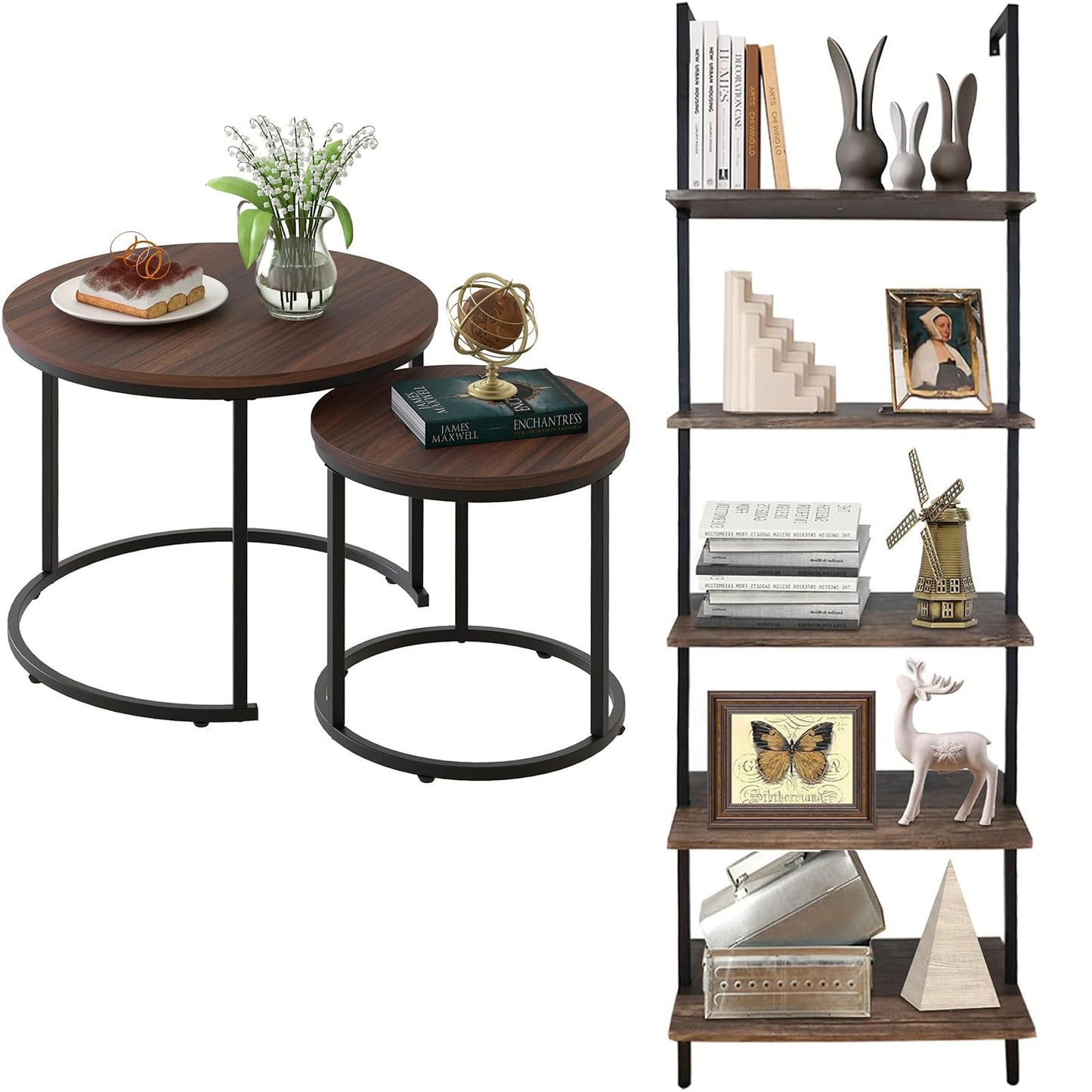 aboxoo Ladder Shelf Open Bookshelf 5-tier Wood Wall-mounted Bookcase Storage Rack Open back Industrial Modern Plant Flower Stand Utility Organizer Bookcase Metal Frame Furniture Office Kitchen Bedroom