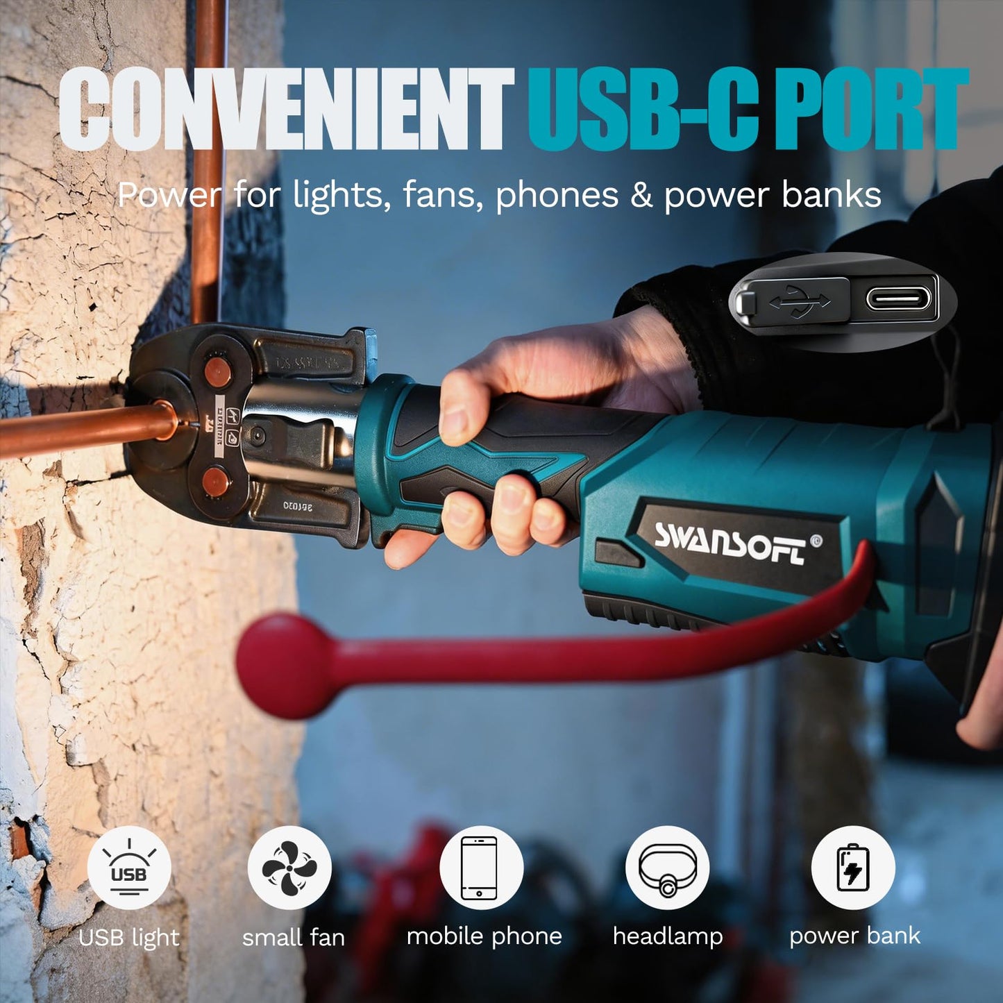 SWANSOFT Pro Press Tool, 18V 4Ah Battery Electric Hydraulic Crimping Tool for Copper Pipes with 3 US Compact VUS 1/2", 3/4'', 1",Jaws Pro Press Copper Plumbing Crimper Tool Kit (SWPR-12522T)