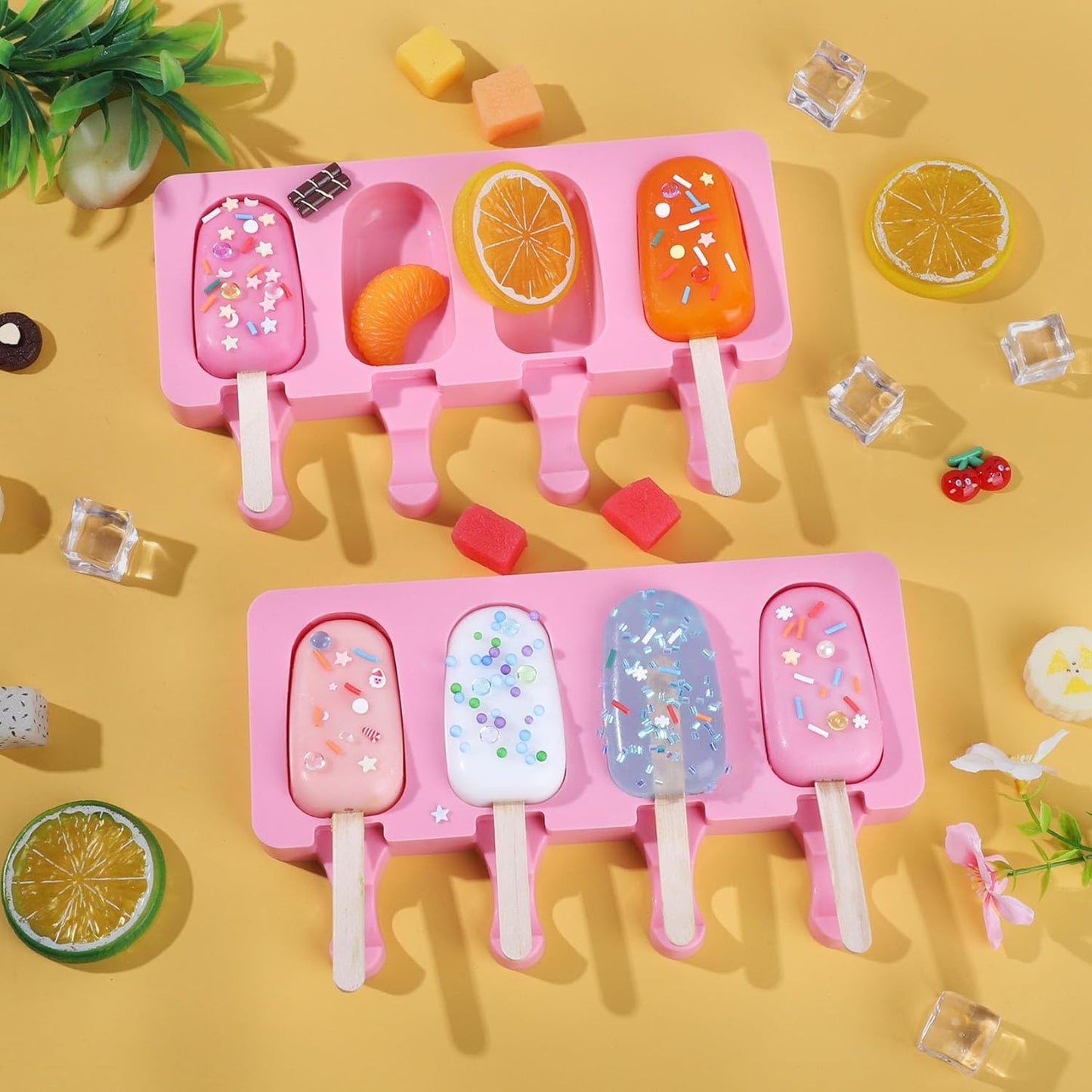 Ouddy Life Popsicle Molds - Set of 2 Silicone Ice Cream Molds with 50 Wooden Sticks | Pink