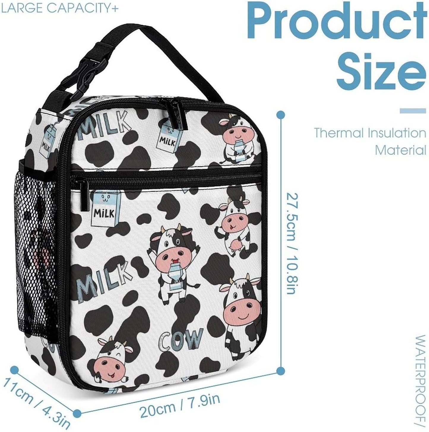 100% BLUE COLLAR Backpack Set Daypack Set Backpack Laptop Milk Cow Print Bookbag with Lunch Bag & Storage Bag