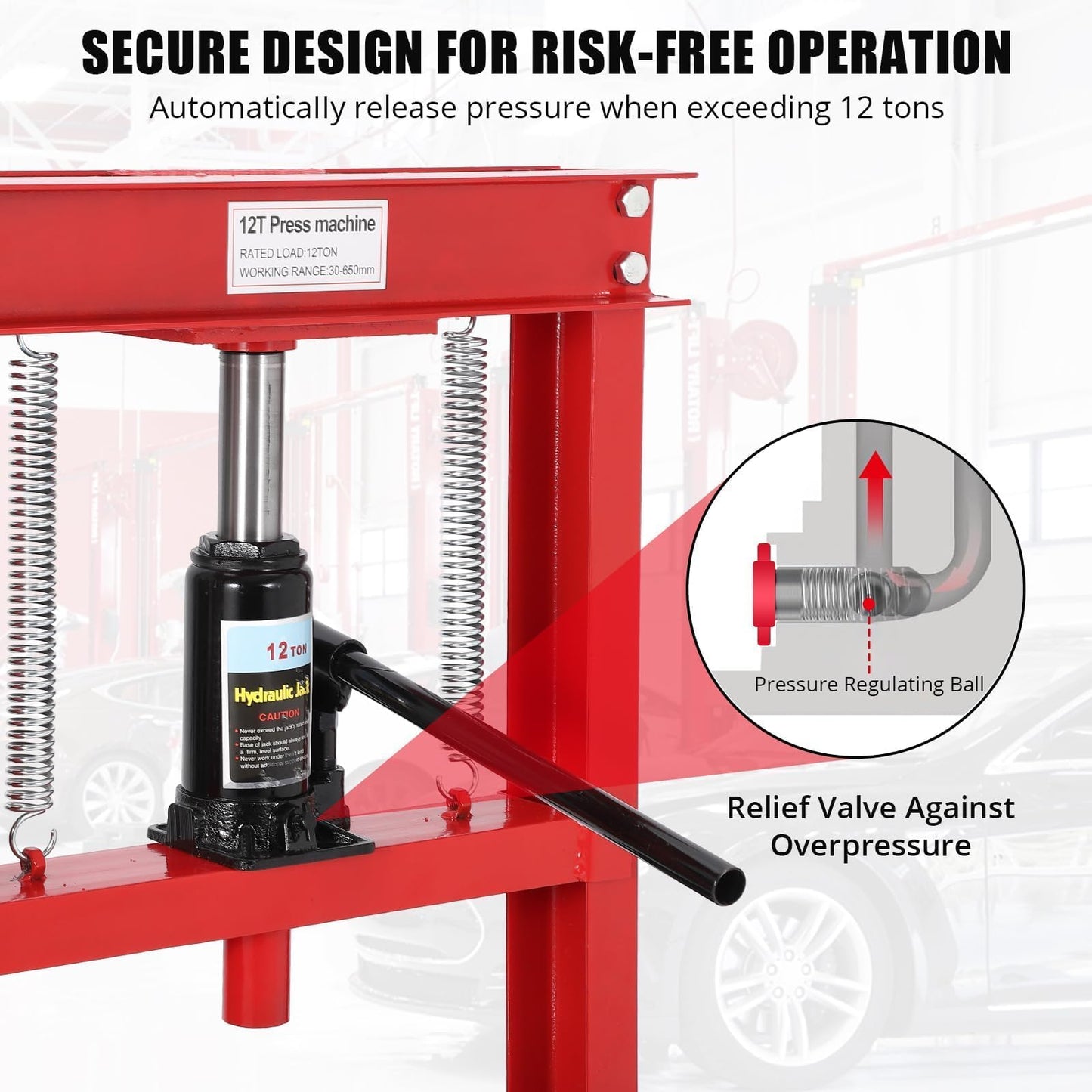 12 Ton Hydraulic Press with Adjustable Table, Heavy Duty H-Frame Hydraulic Shop Press with Movable Plates, Ideal for Auto Repair, Metal Bending, Garage Use, Red