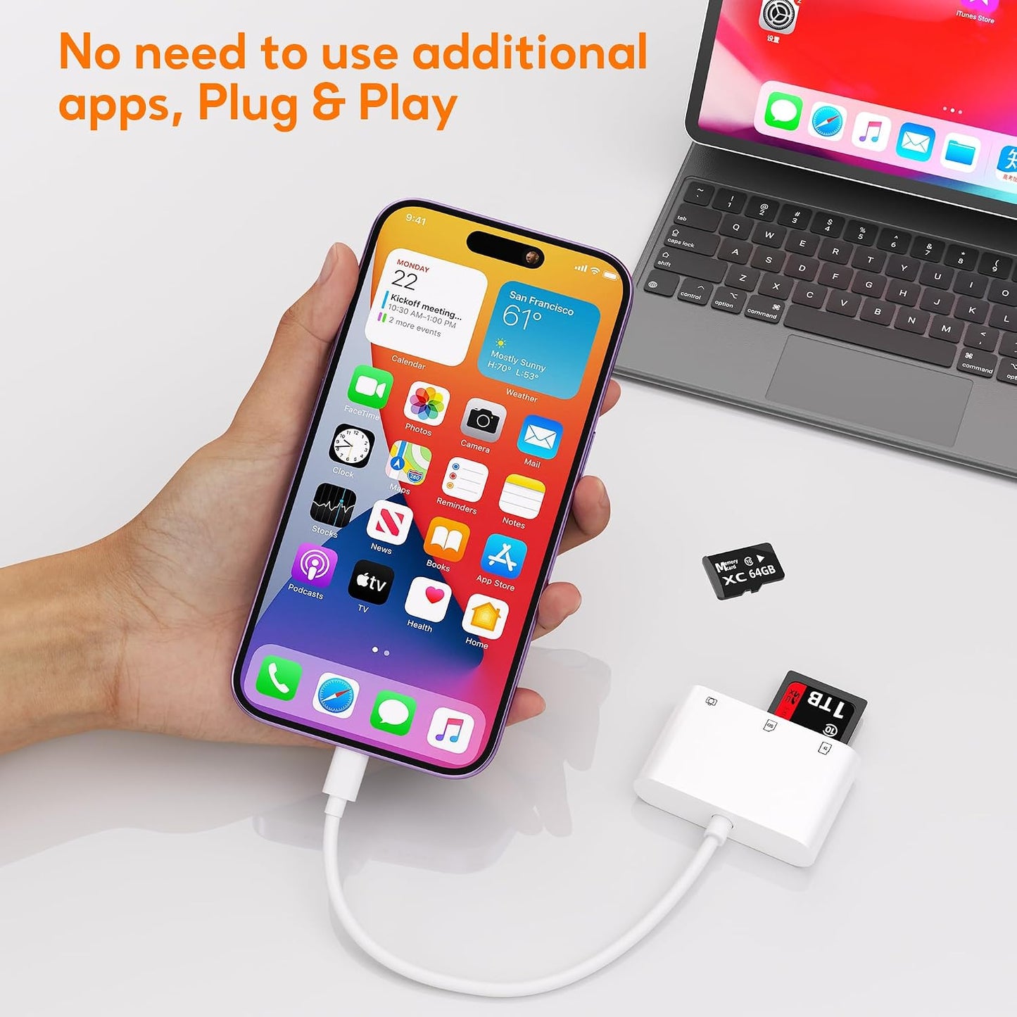 Bwttcb 13 12 11 SD Card Reader for iPhone, Memory Card Veiwer Support SD and TF Card, USB Digital Camera Adapter