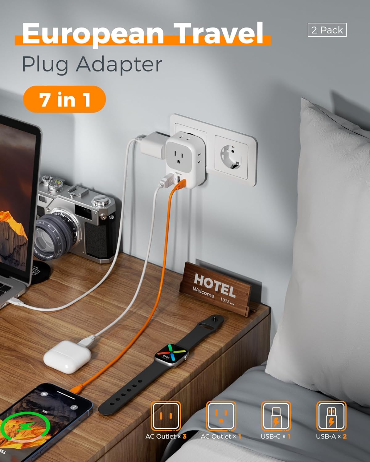 TESSAN 2 Pack 4 3 European Plug Adapter USB C, US to Europe Adapter Outlets USB Charger, Type C International Power