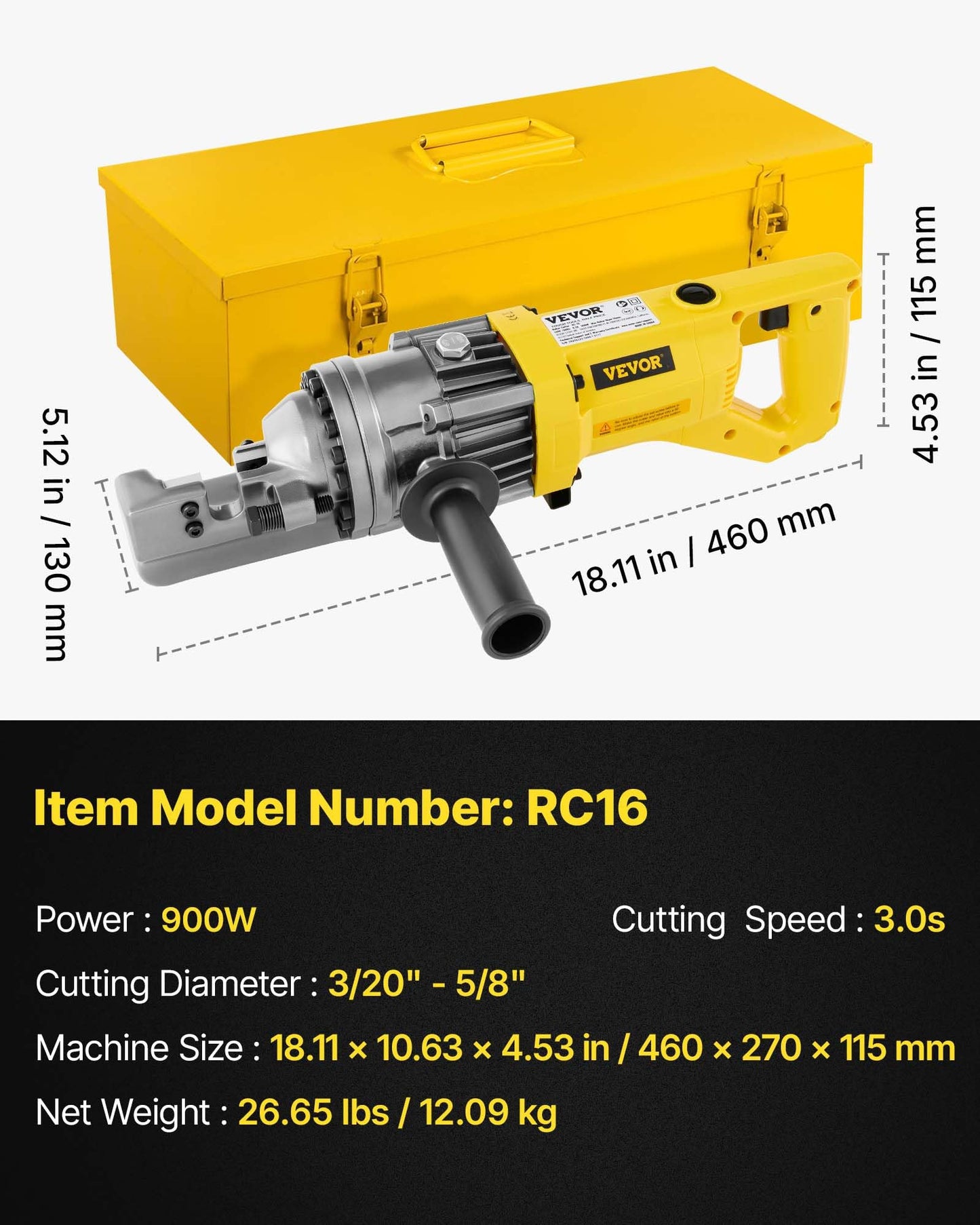 VEVOR Electric Hydraulic Rebar Cutter 900W 110V - Portable, Cuts #5 4-16mm Rebar in 3 Seconds, with Stainless Steel Carry Case