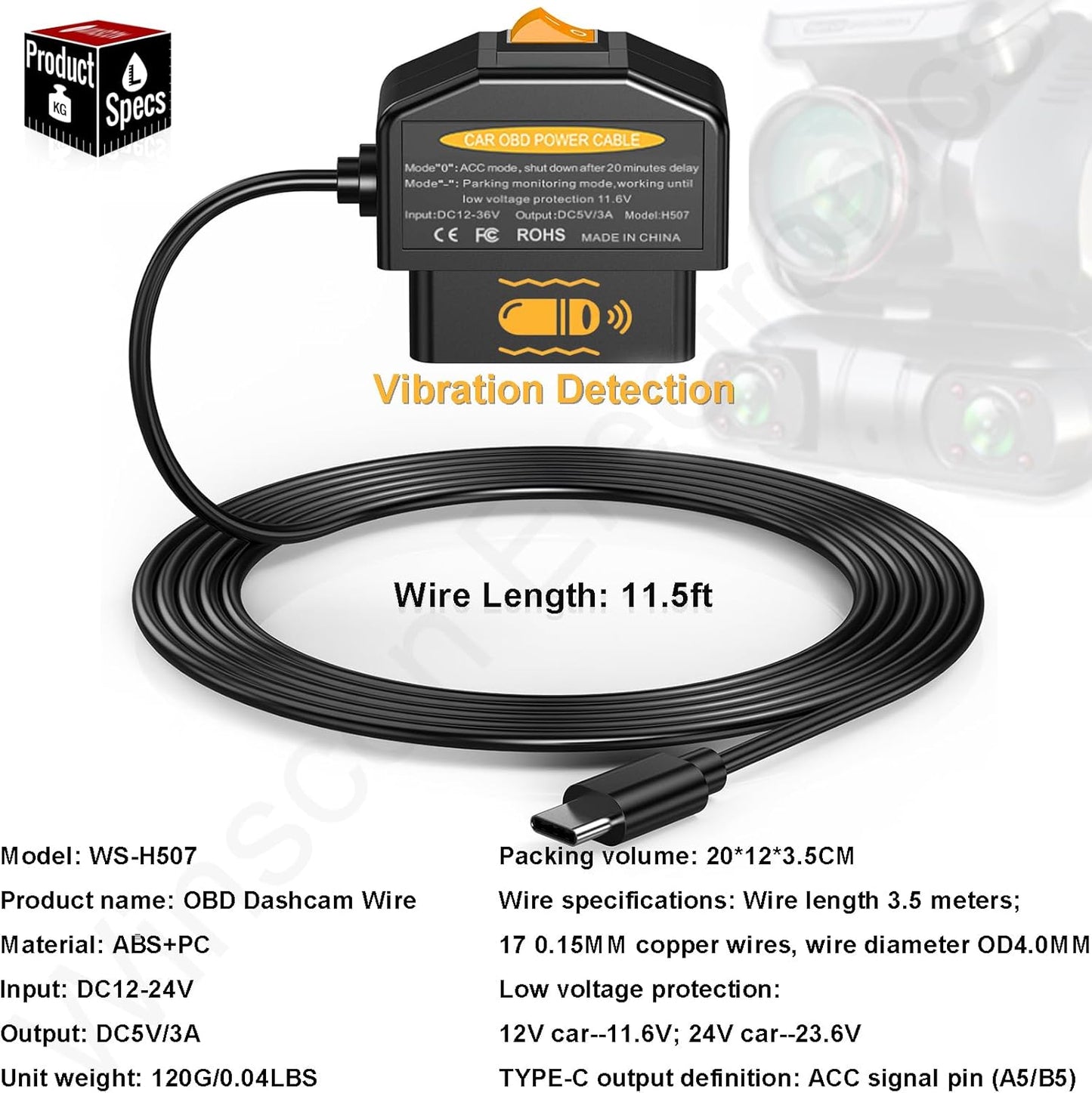 Redsia 12-24V 5V/3A 24h Dash Cam Hardwire Kit OBD, Dash Camera USB Type C Hardwire Kit OBD Power Charging Cable