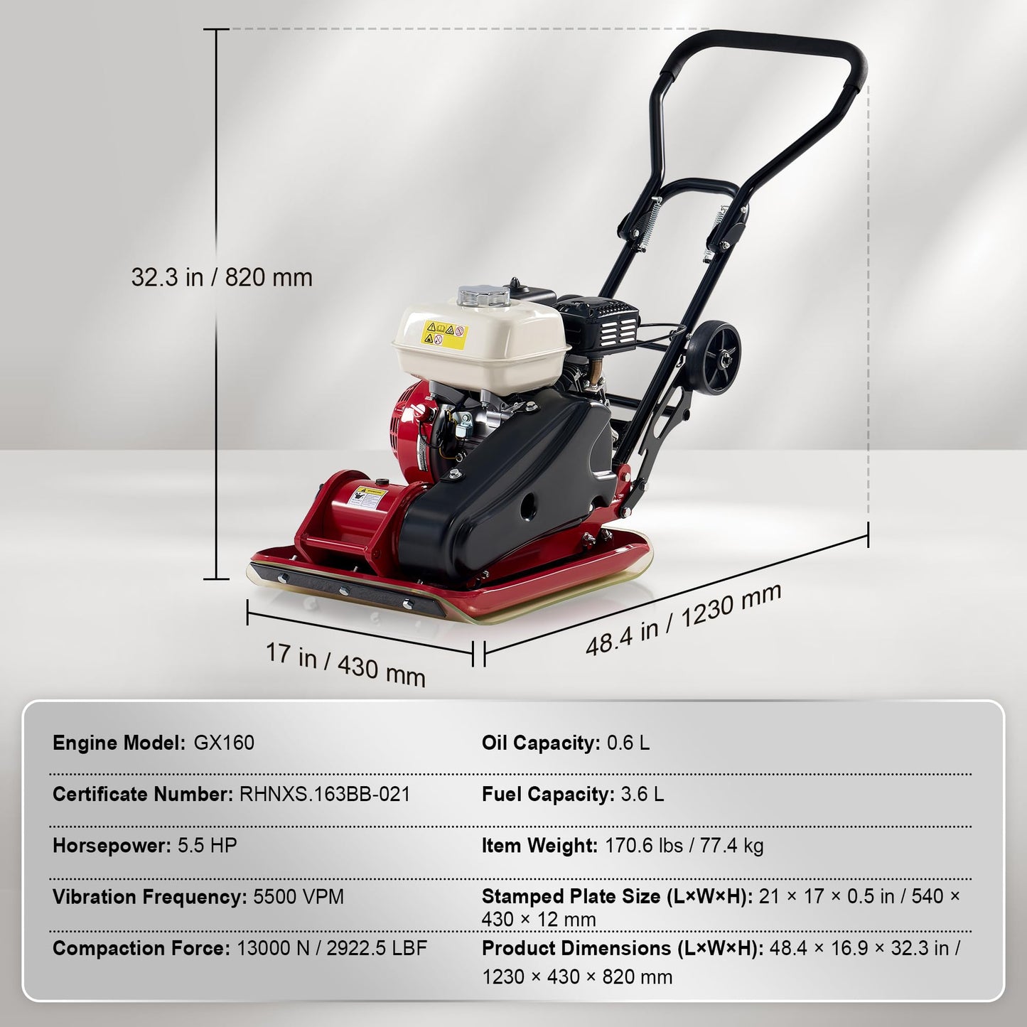 Albott 21" x 17" Plate Compactor, 5.5 HP 196cc Engine with Compactor Pad, 5500 VPM 2922 lbs Compaction Force, Compaction GX160 Engine