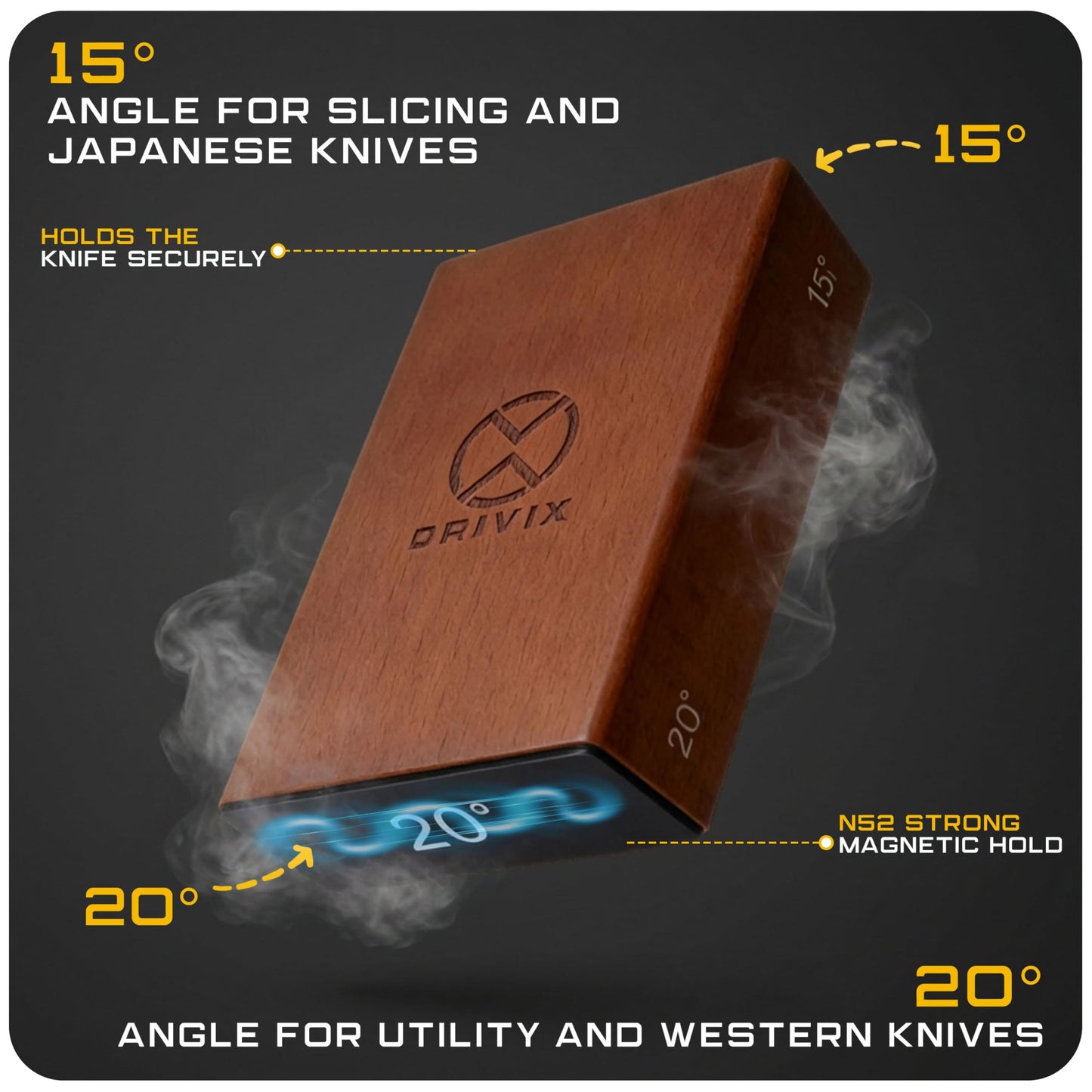 Orivix Rolling Knife Sharpener Kit – Magnetic 2-Angle Base, 3.86 Inches Longer Wooden Roller, 2 Grit Discs (600 Diamond & 3000 Ceramic), Leather Strop & Cleaning Eraser
