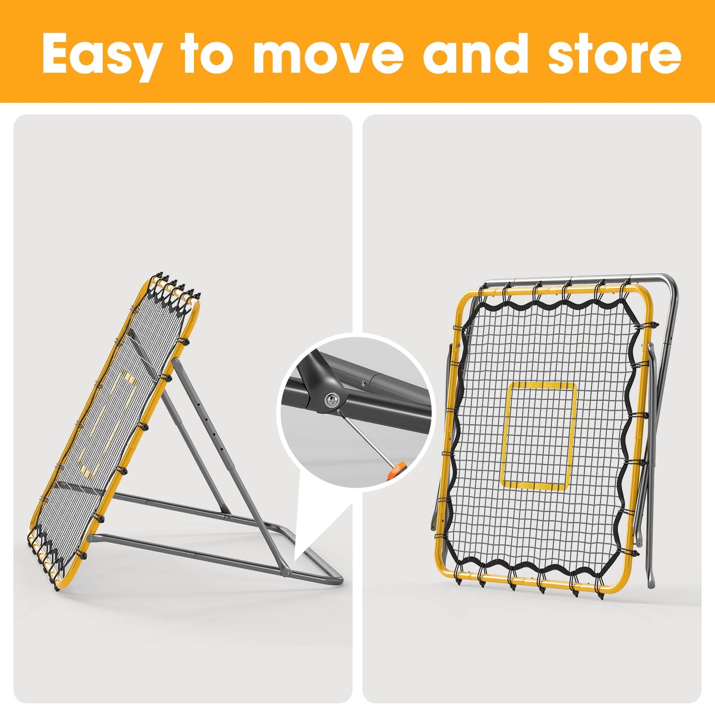 JIRTEMOT 3.7 x 3.7 FT Rebound Net, with Pitching Target for Soccer, Baseball and Volleyball, Adjustable Pitching Rebound Net, Yellow