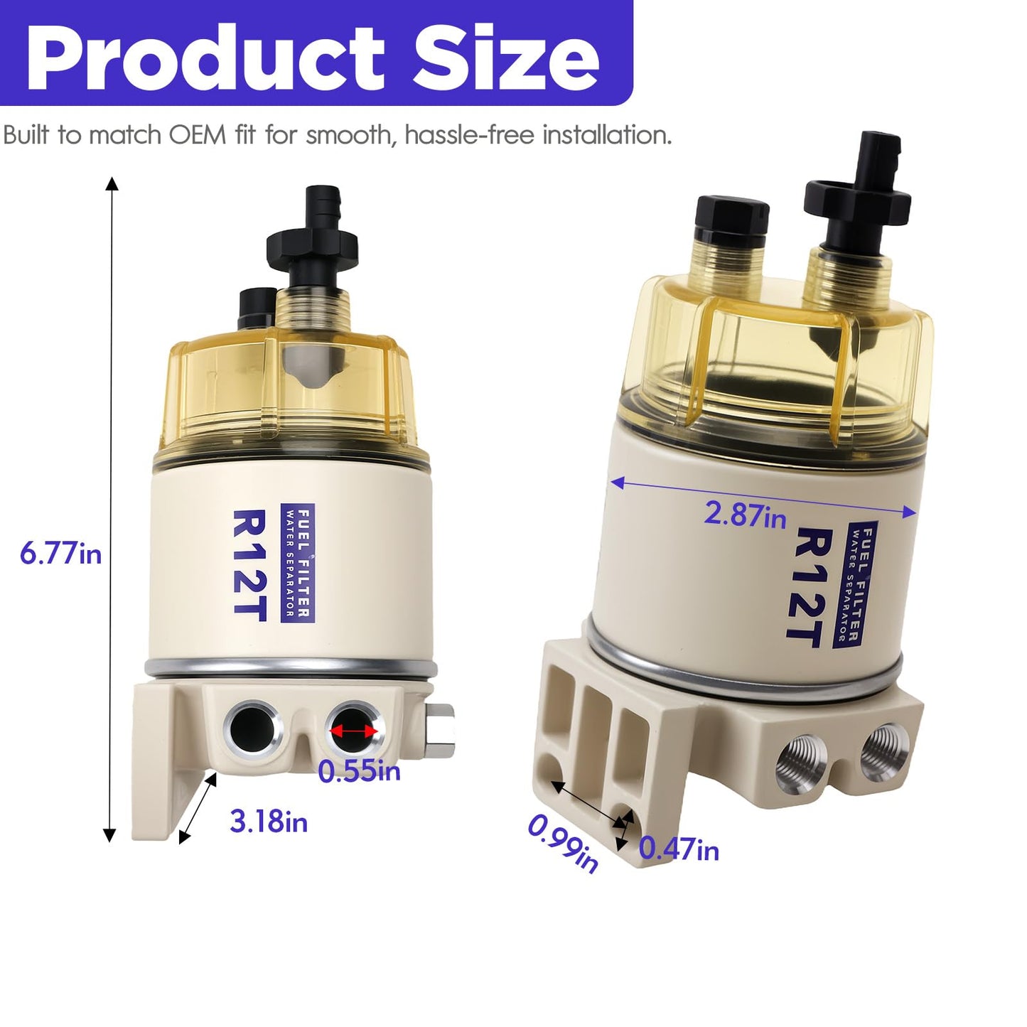 R12T Marine Fuel Water Separator Filter Kit, 10 Micron Replacement for S3240 120AT 18-7987 NPT ZG1/4-19, Fits Gasoline and Diesel Outboard Engines, Includes 2 Fittings and 2 Plugs