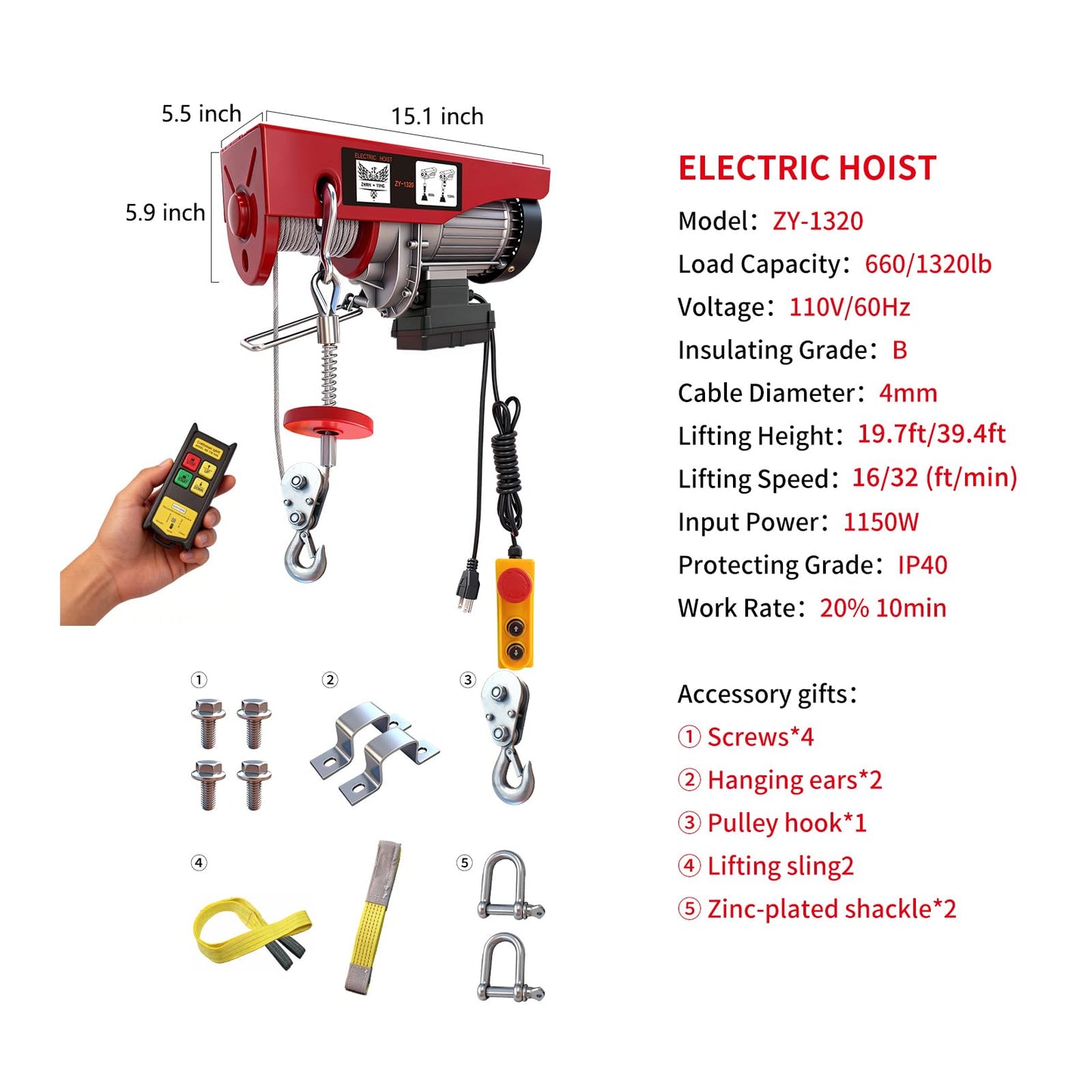 Electric Hoist, 1320 lbs 110V Electric Winch with 328 ft Wireless & 14 ft Wired Remote Control, Single/Double Slings, 40 ft Single Cable Lifting Height, Lift Hoist for Garage Warehouse Factory