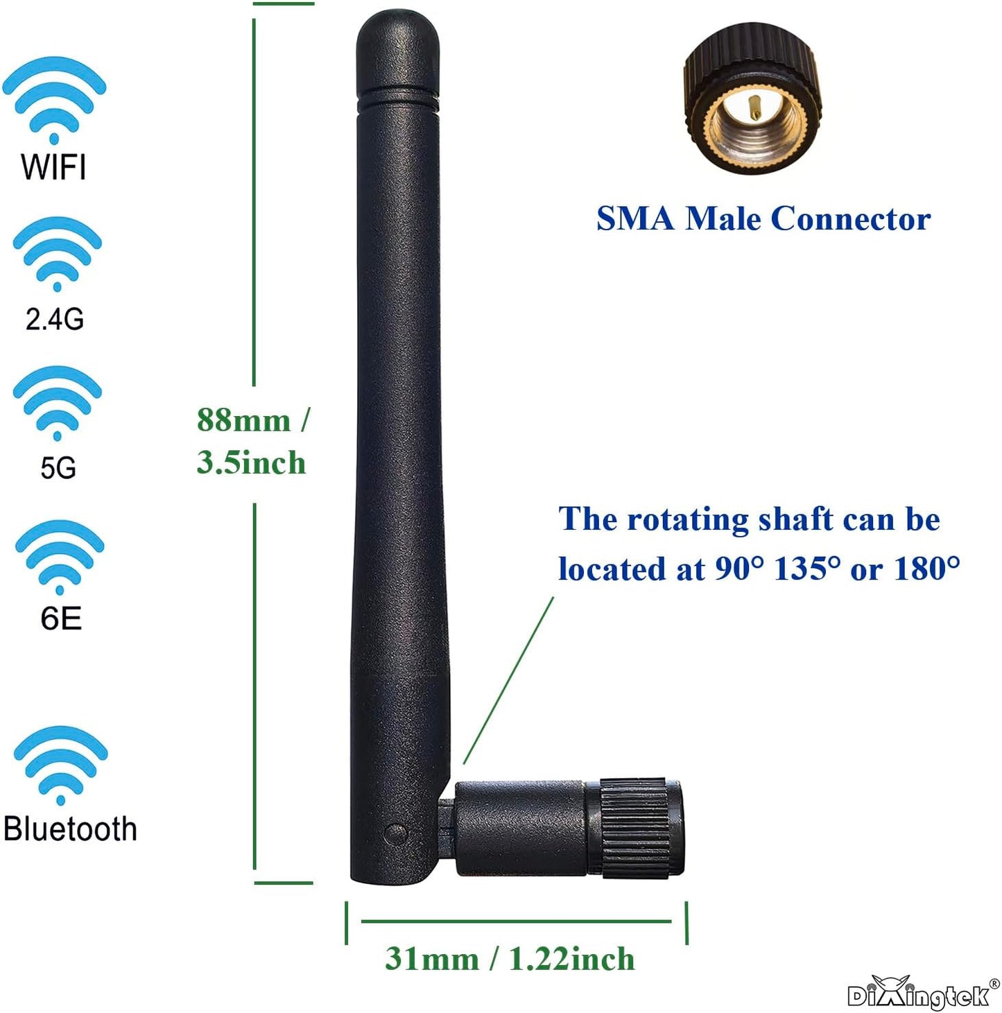 Dixingtek 6E 2.4GHz 5GHz 6GHz 2-Pack WiFi Tri-Band Bluetooth SMA Male Antenna, Compatible with WiFi Router Camera PCI-E