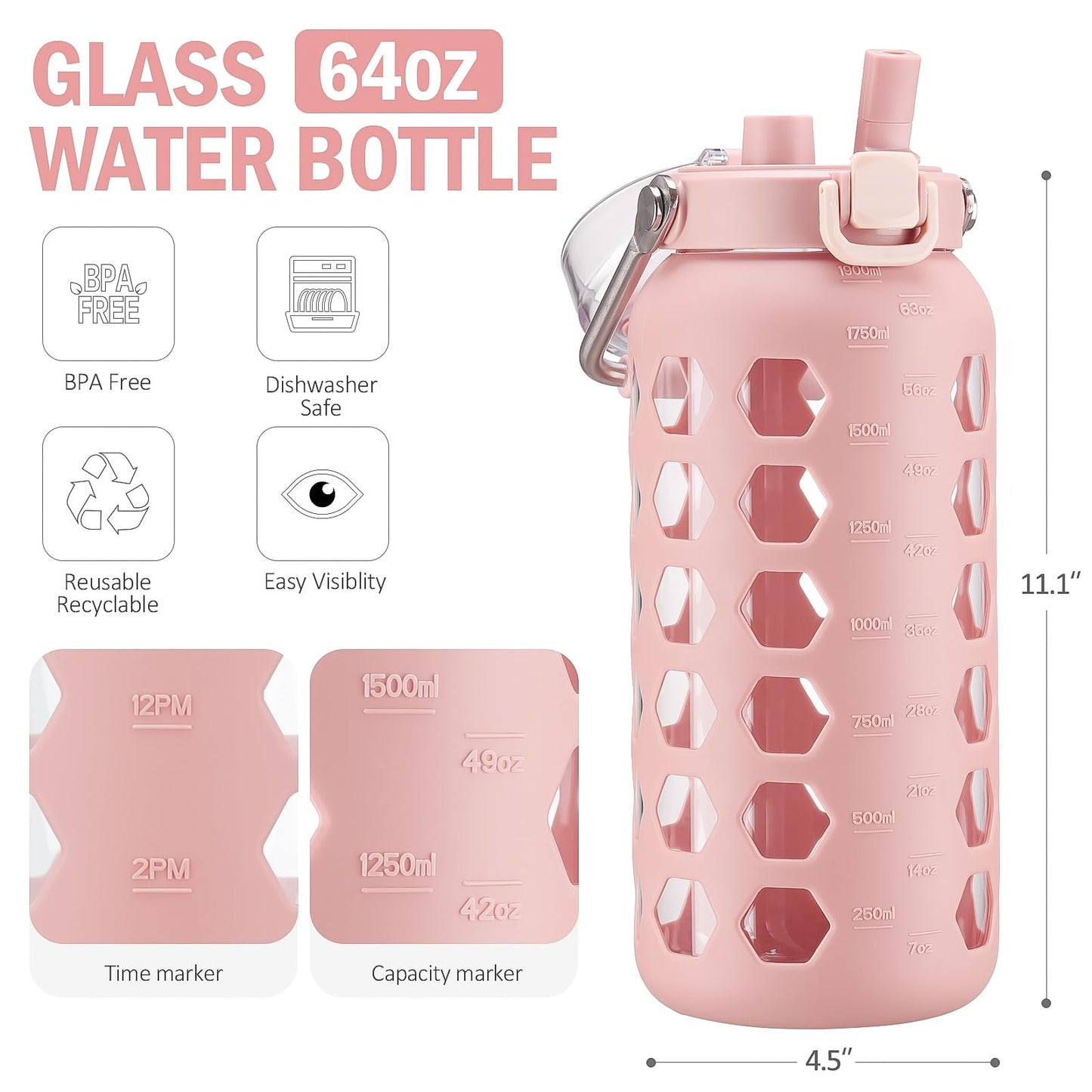 MUKOKO 64oz Glass Water Bottles with Straw and Lid,Half Gallon Water Bottle with Time Marker,Large Glass Water Jug with Silicone Sleeve and Stainless Steel Handle-Pink