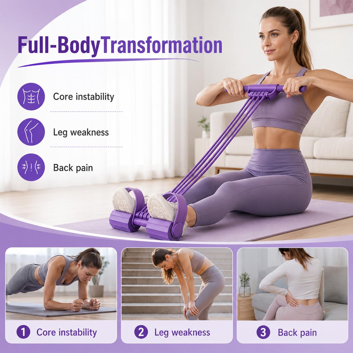 Pedal Resistance Band with Handles, 8 Tube Upgraded Exercise Band, 3-in-1 Multi-Function Latex Fitness Equipment for Foot Pull, Back & Chest Workout (Purple)