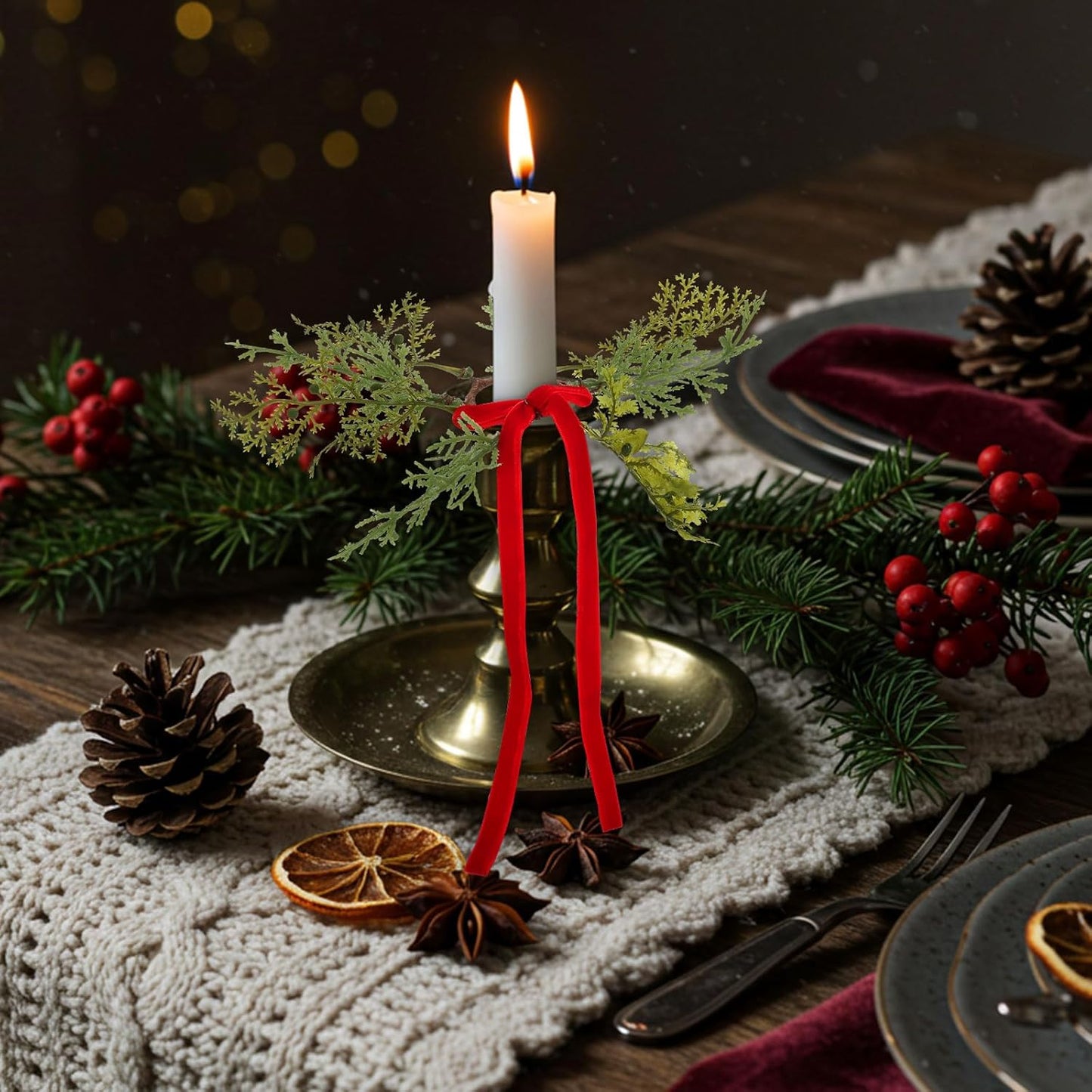 Suncalla Christmas Pine Taper Candle Rings - 12 Pcs Velvet Bow Mini Holders | 1.38 Inch Burgundy Decor