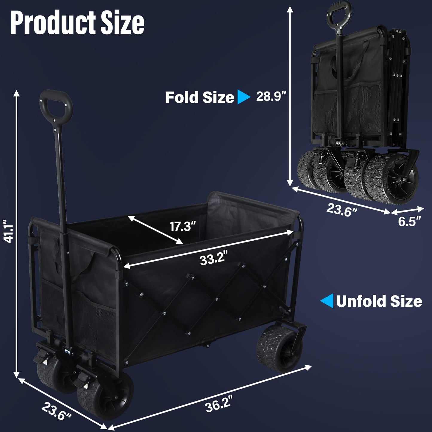 Collapsible Wagon Cart, 650lbs Capacity 300L Folding Utility Wagon with All-Terrain Wheels & Brakes, Heavy Duty Foldable Beach Cart for Groceries, Camping, Sports, Shopping