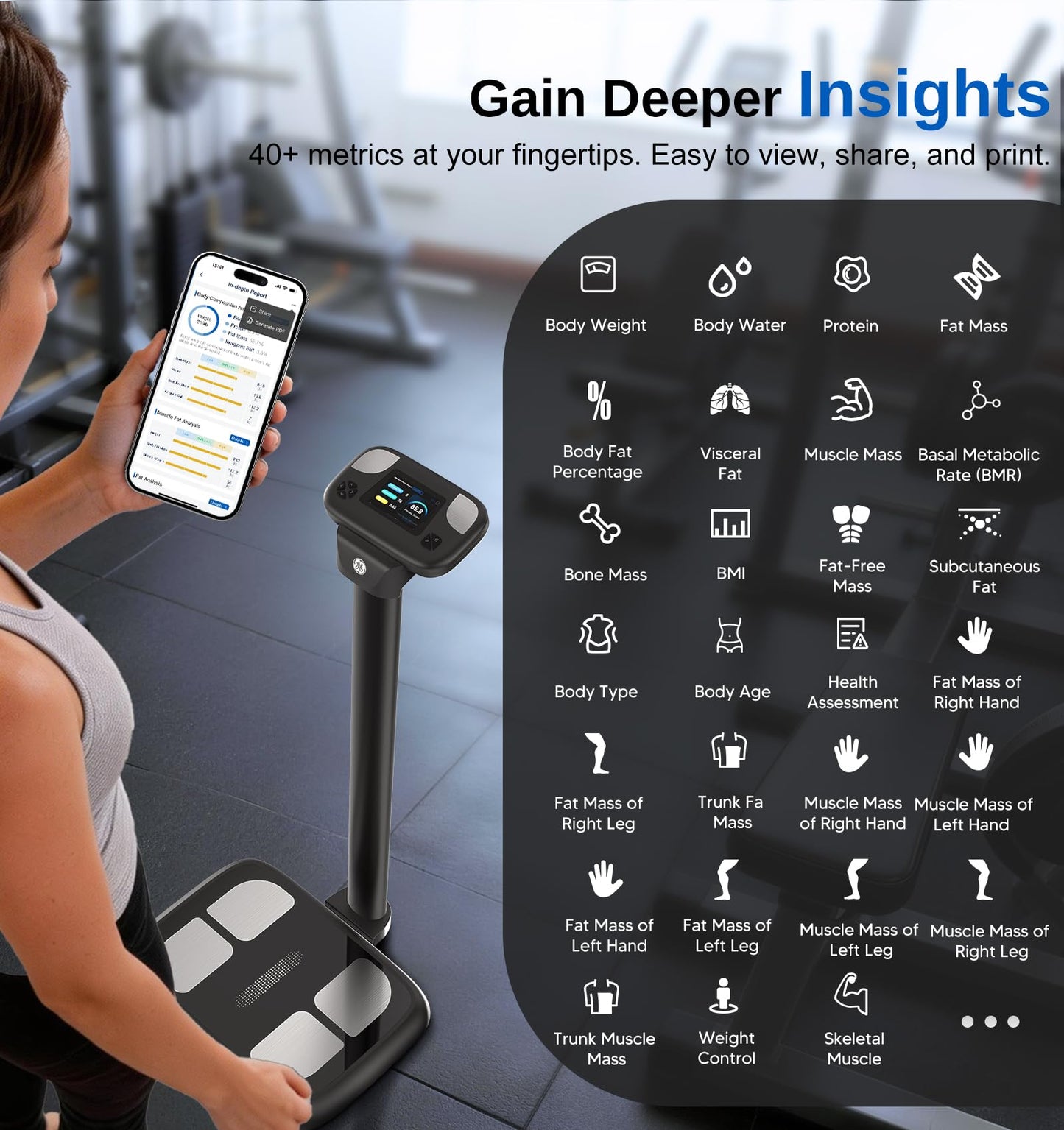 GE Smart Scale for Body Weight, with 8-Eletrode Segmental Measurement - Full Body Composition Scale with BMI Fat Muscle Mass, Digital Bluetooth Professional Fat Scanner for Home, Gym, Fitness Center
