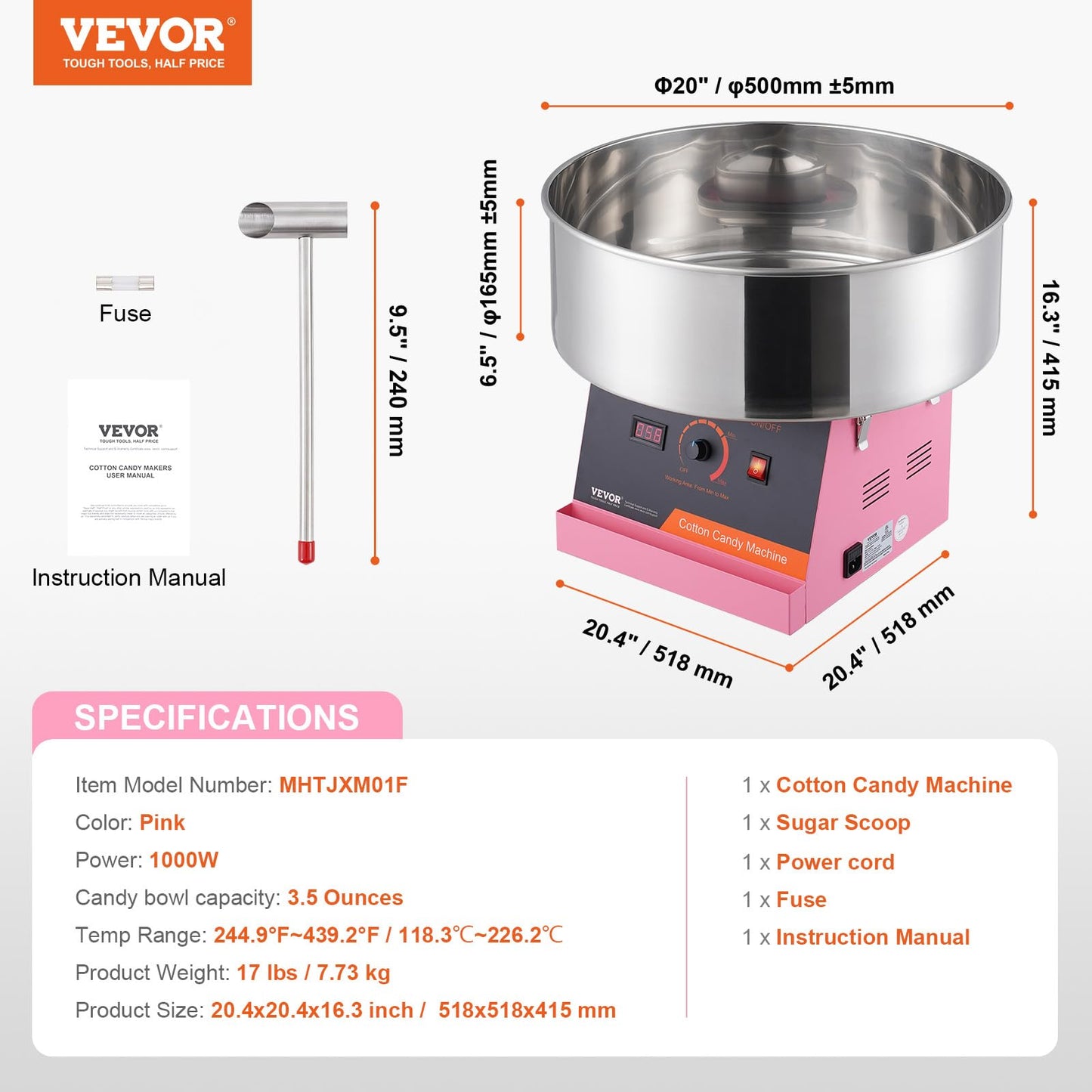 VEVOR Cotton Candy Machine Commercial, 1000W Electric Floss Maker with Stainless Steel Bowl, Sugar Scoop, Storage Drawer, Perfect for Home, Carnival, Kids Birthday, Family Party, Pink