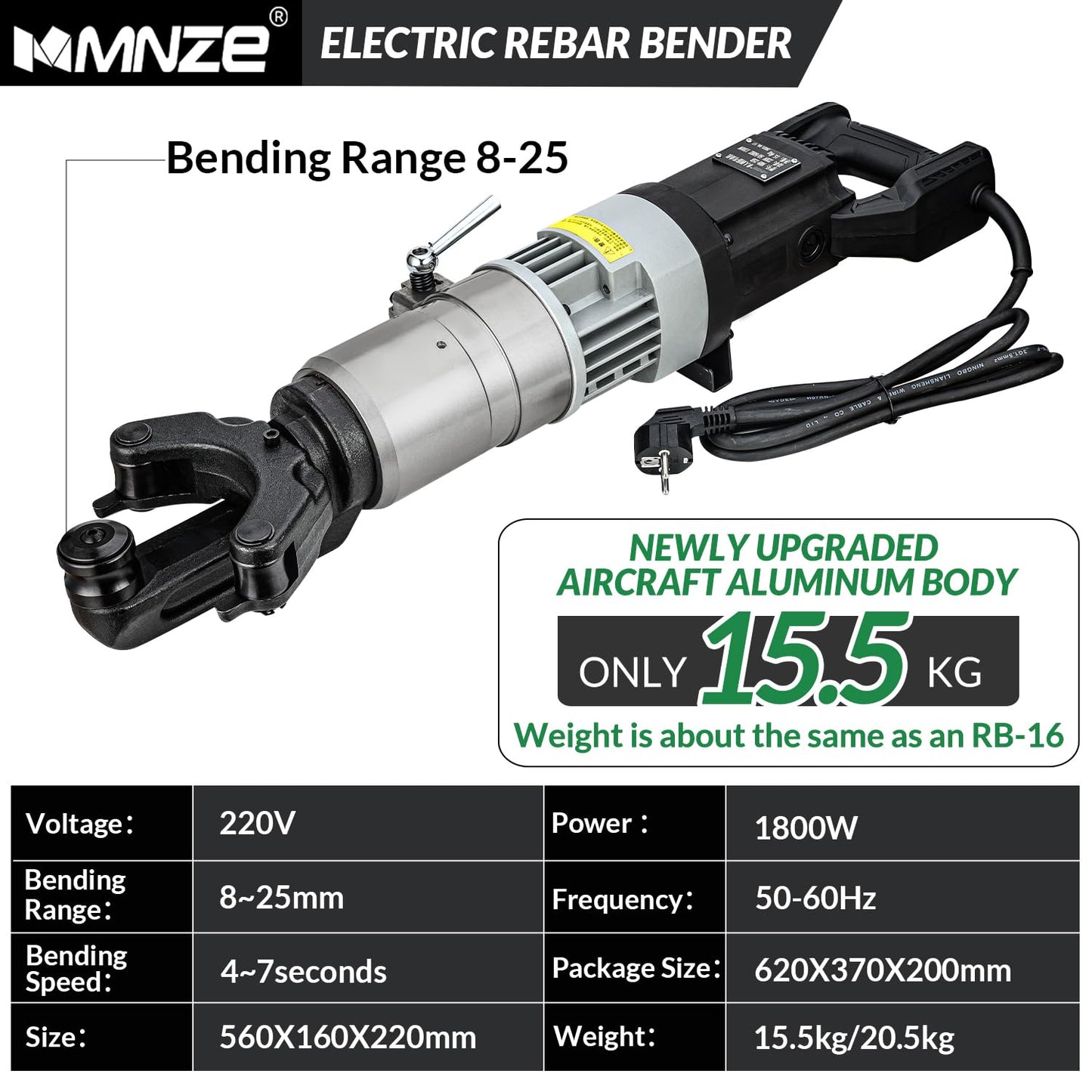 MMNZE Electric Hydraulic Rebar Bender 1800W Portable Rebar Bending Machine 1 Inch #8-25mm Rebar Bending Angle 0-130 Degrees with Positioning Bolt, Fast Bending or Straightening, 110V
