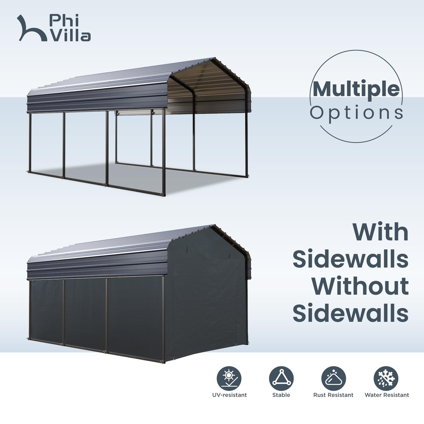 PHI VILLA 10x15 ft Carport, Metal Carports Canopy with Sidewalls Heavy Duty Car Port Portable Garage with Galvanized Steel Roof Multi-Use Shelter, Sturdy Car Ports for Cars, Boats and Tractors