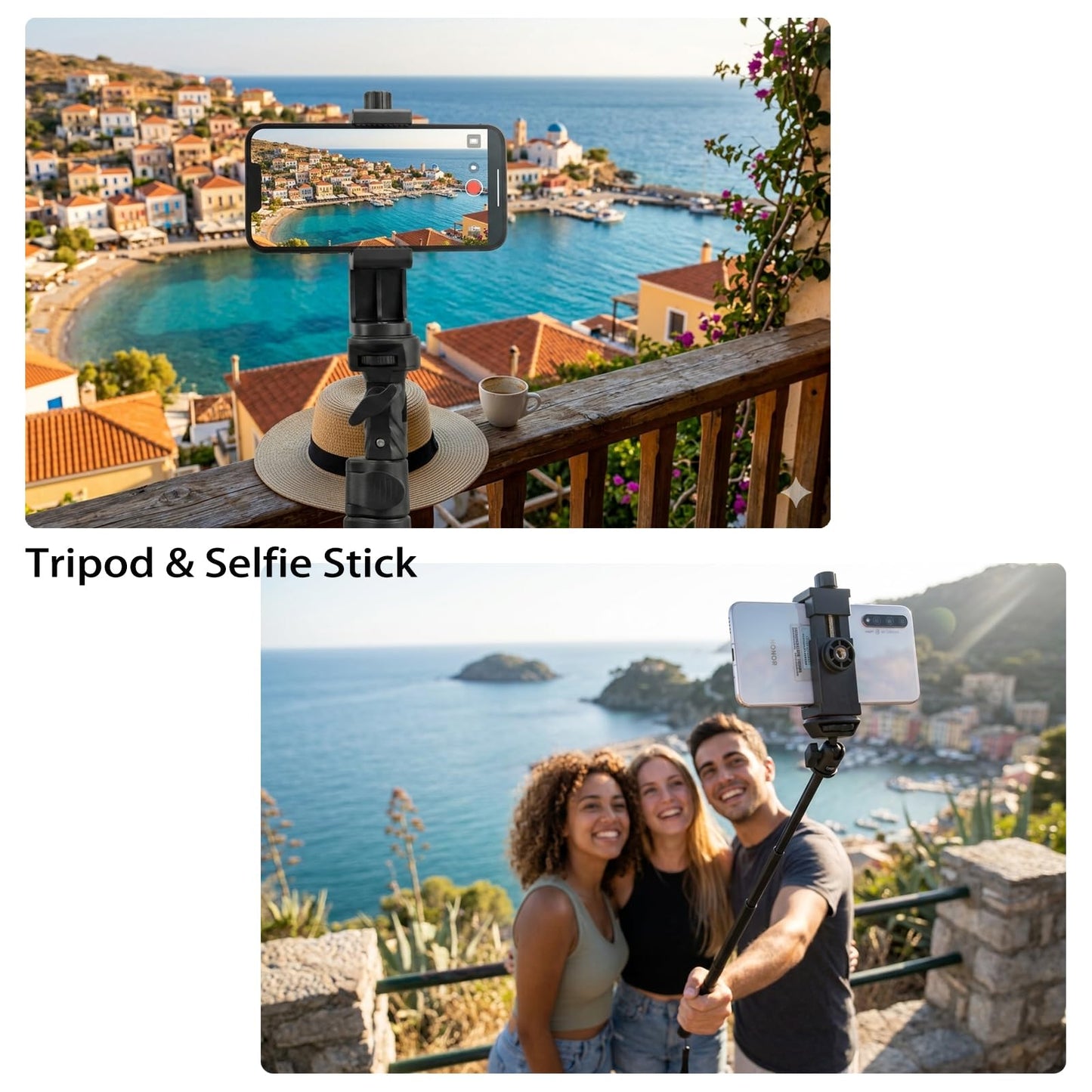 Ruittos Phone Tripod Mount Adapter with Camera Remote Controller, Cell Phone Holder Clip with Adjustable Clamp Compatible with iPhone, Samsung, HTC, Huawei etc., Include Wrist Strap