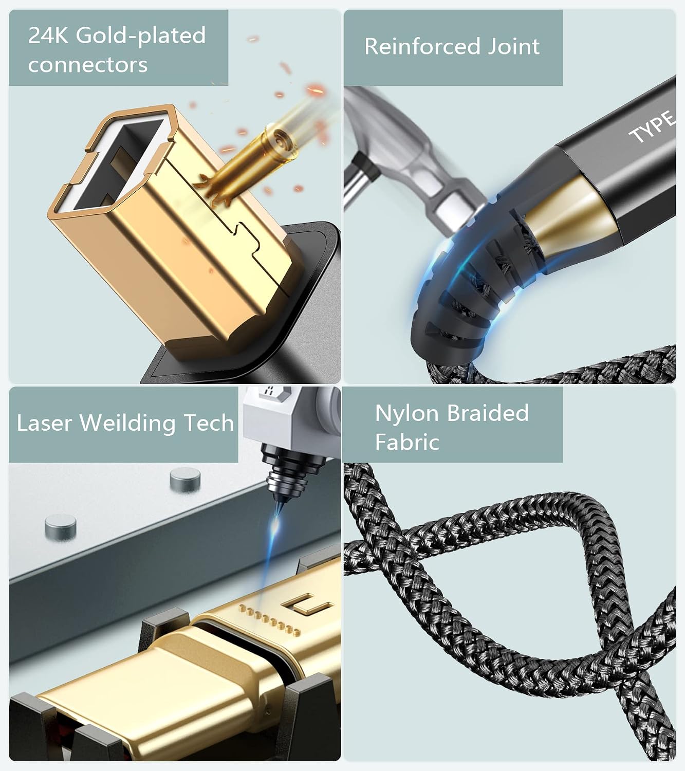 2-in-1 [2-Pack, 6.6FT] USB-A/C to USB-B Printer Cable USB C MIDI Cable Nylon Braid High-Speed Printer Cord for MacBook