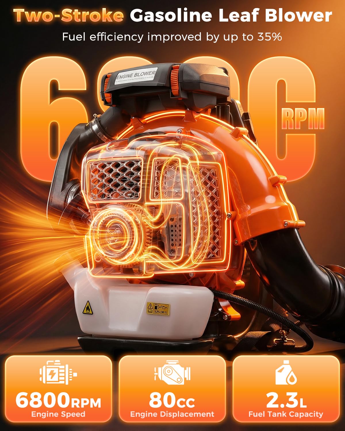 80cc Gas Backpack Leaf Blower, 900CFM 206MPH 2-Stroke Engine, Heavy-Duty Leaf & Snow Blower for Lawn, Garden & Commercial Use (Orange)