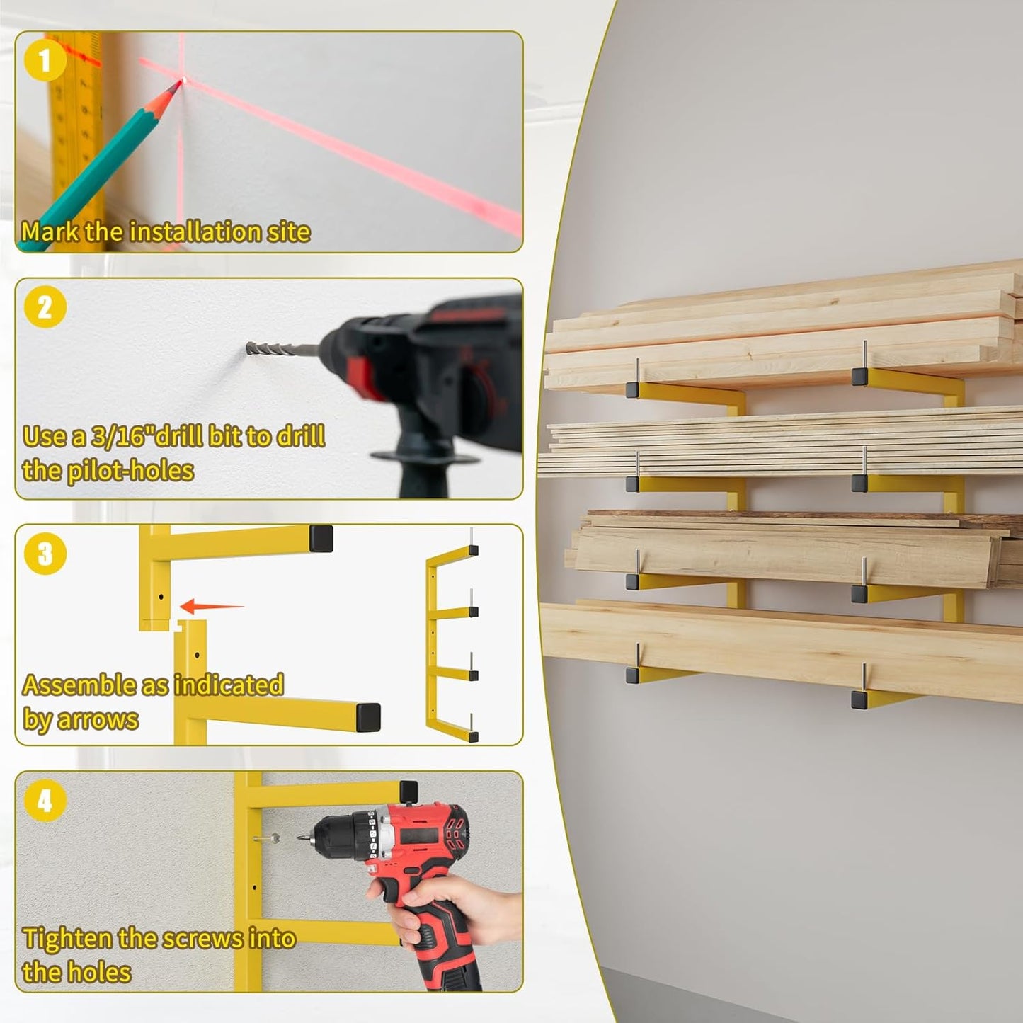 Skiennix Lumber Storage Rack - Heavy Duty Wall-Mounted Organizer | 8-Level System, Holds Up to 1600 Lbs, Yellow