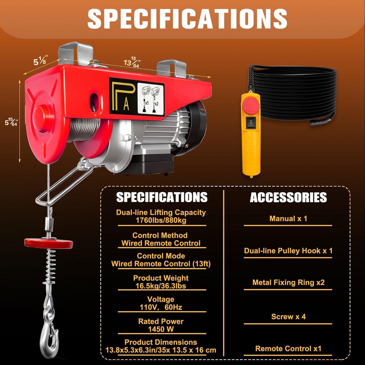 Electric Hoist 1760lbs, 1450W Electric Winch with Remote Control, 39.4ft Single Cable Lifting Height with Emergency Stop, Hoist with Zinc-Plated Steel Wire Hoist for Garage