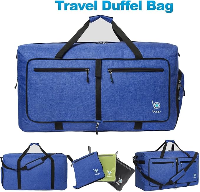 Bago Large Foldable Duffel Bags for Traveling Women & Men - 100L Packable Duffle Bag for Travel with Shoe Compartment - Water Repellant, Heavy Duty, Lightweight Folding & Collapsible (SnowDepBlue)