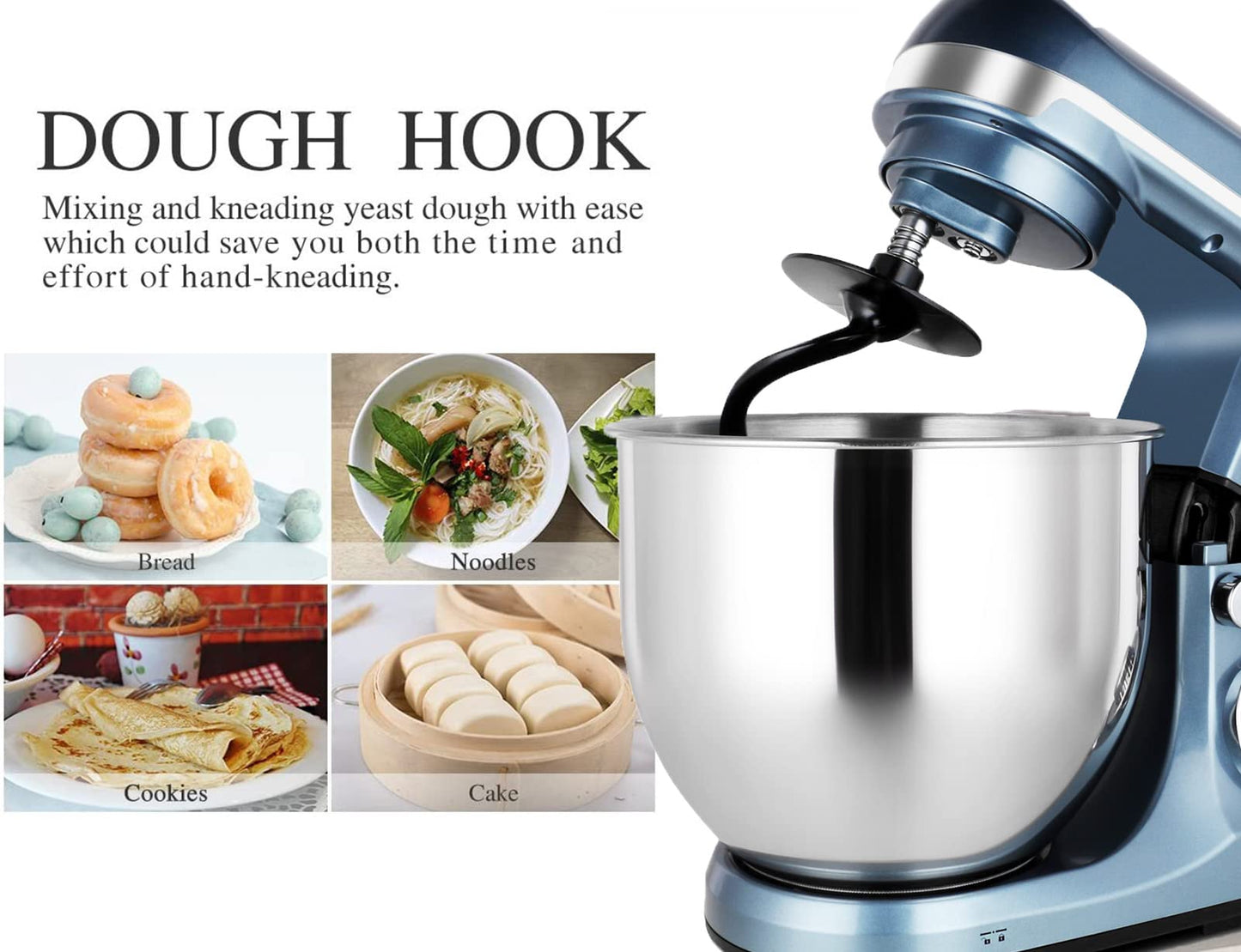 MURENKING Professional Stand Mixer, 6-Qt with Timer, MK37 500W 6-Speed Tilt-Head Food Electric Mixer Kitchen Machine,Plastic (Silver Blue)