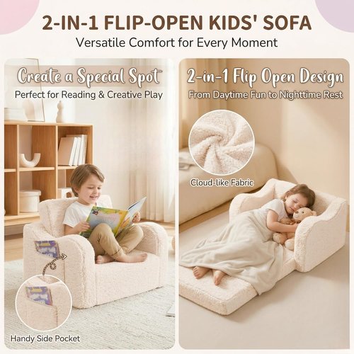 MOMCAYWEX Kids Sofa - 2-in-1 Flip-Out Foam Couch with Soft Sherpa Cover | Cozy Cream Lounge Chair