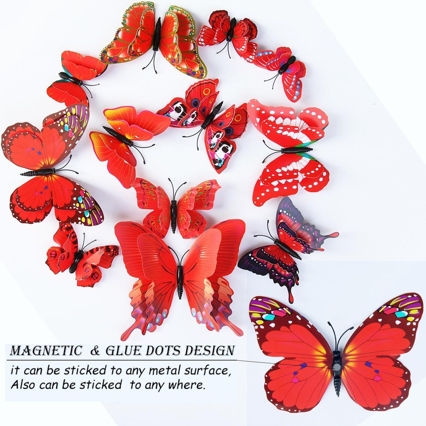 OPSEAM 3D Butterfly Wall Decor - 48 PCS Magnetic Stickers for Party Decorations (Red)