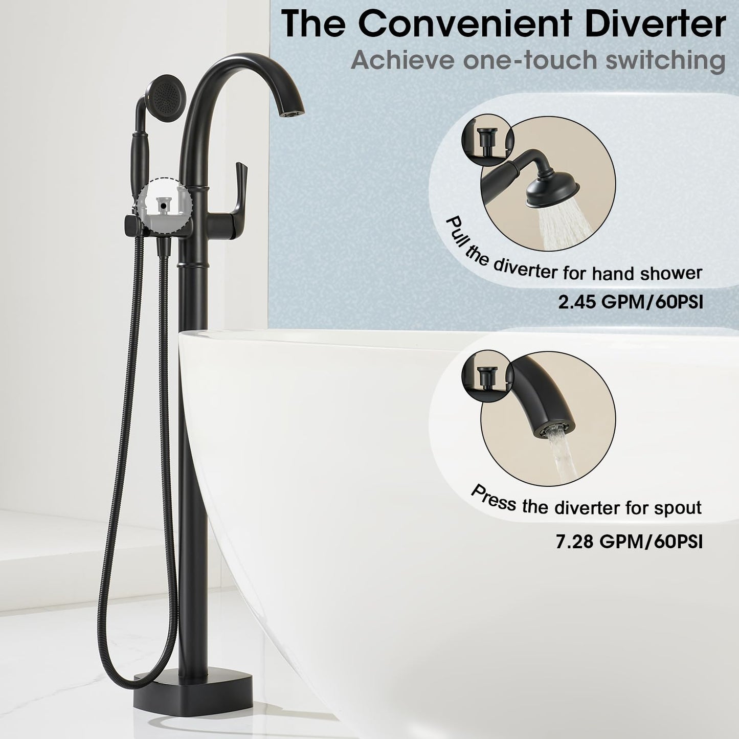 Free Standing Tub Faucet, Jabbol Luxury Freestanding Bathtub Faucet with Sprayer, Brass Bathroom Floor Mount Tub Filler, Matte Black (JB-8811BK)