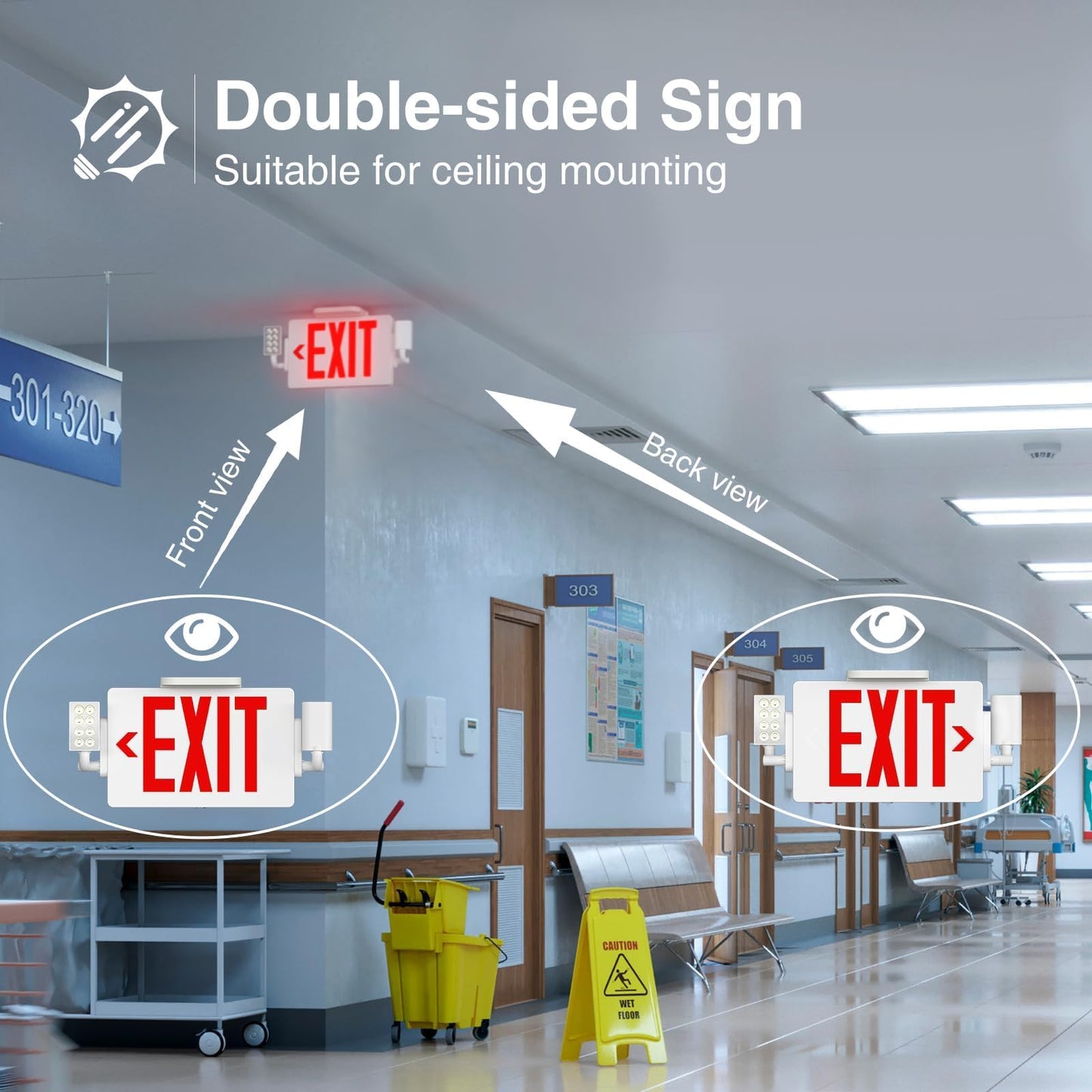 FREELICHT 6 Pack LED Double-Sided Exit Sign with Emergency Lights, Adjustable LED Emergency Exit Lights with Battery Backup, Hard Wired, UL Certified, AC 120/277V