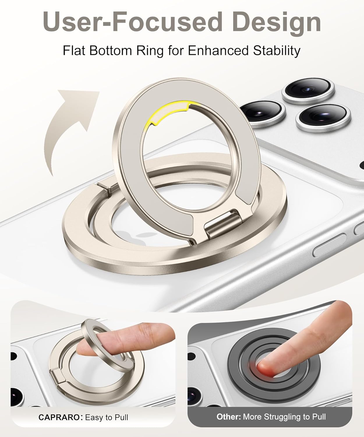 CAPRARO 360 17/16/15/14/14 Magnetic Phone Ring Holder for MagSafe, Dual-Side Magnetics, Rotation Gym Phone Stand Grip