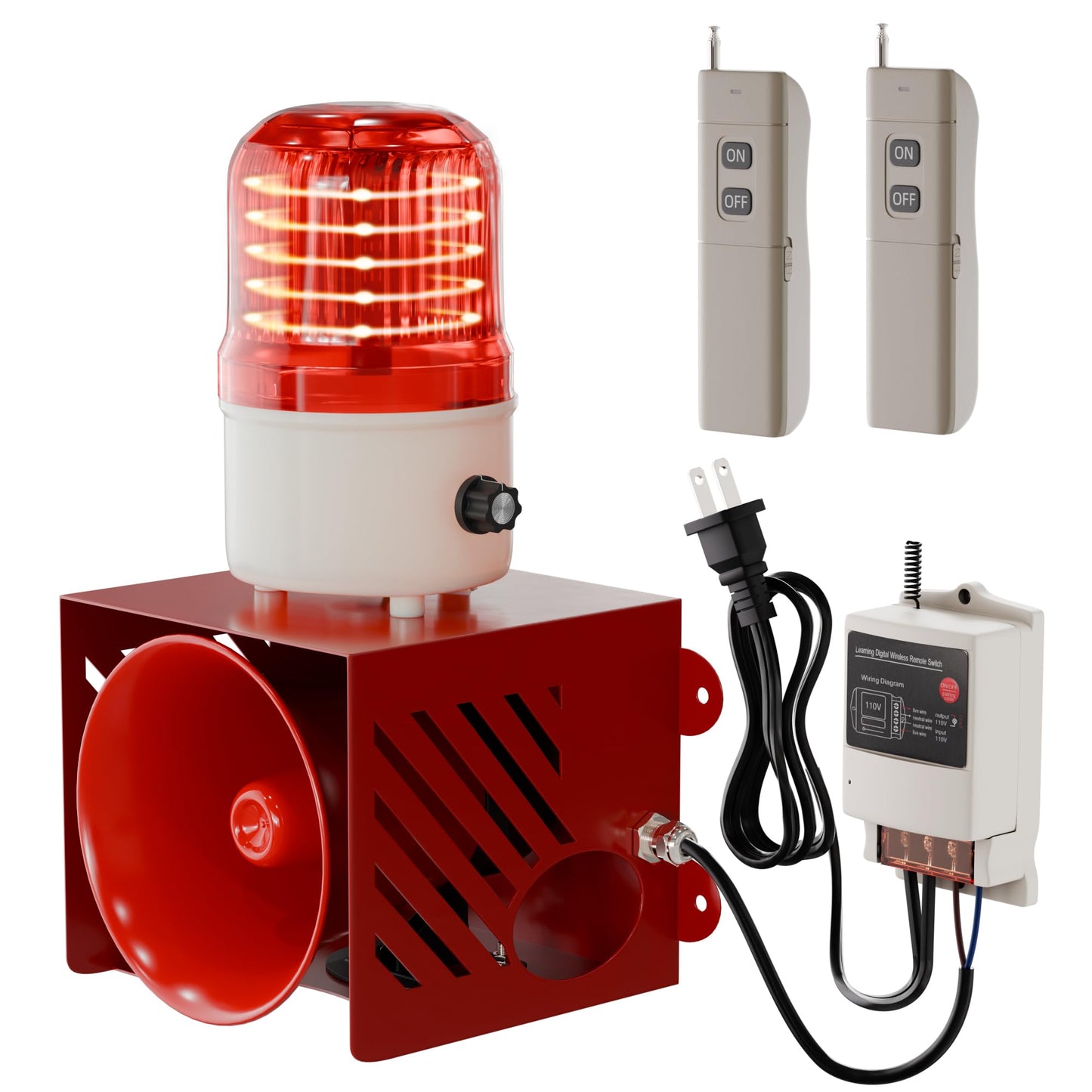 Joinfworld AC110V 120dB Warning Siren Alarm Emergency Strobe Remote Control Alarm Plug-in Security Adjustable Volume for Warehouse, Factory, Farm, Garage