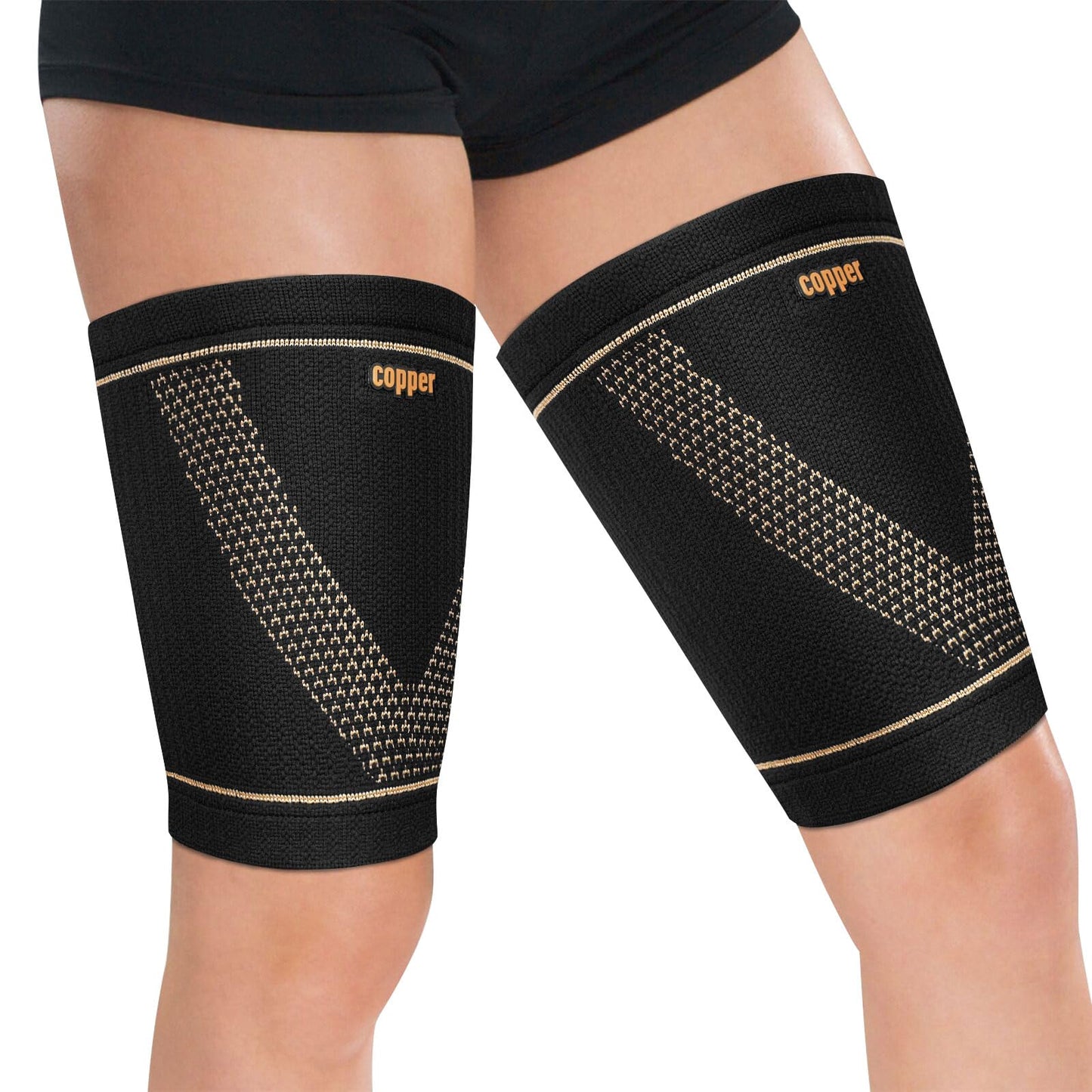 Hamstring Compression Sleeve (Pair) – Copper Thigh Support for Women & Men Relieve Groin Pull (Black, Large)